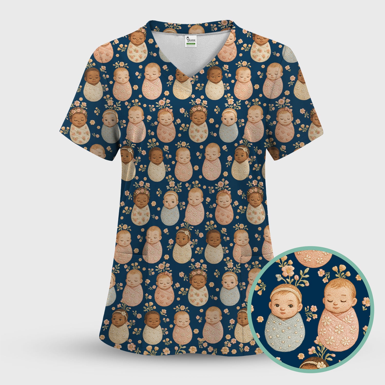 Sweet Newborn Baby Floral Print Nurse Scrub Top, Comfortable Scrubs for Nurses