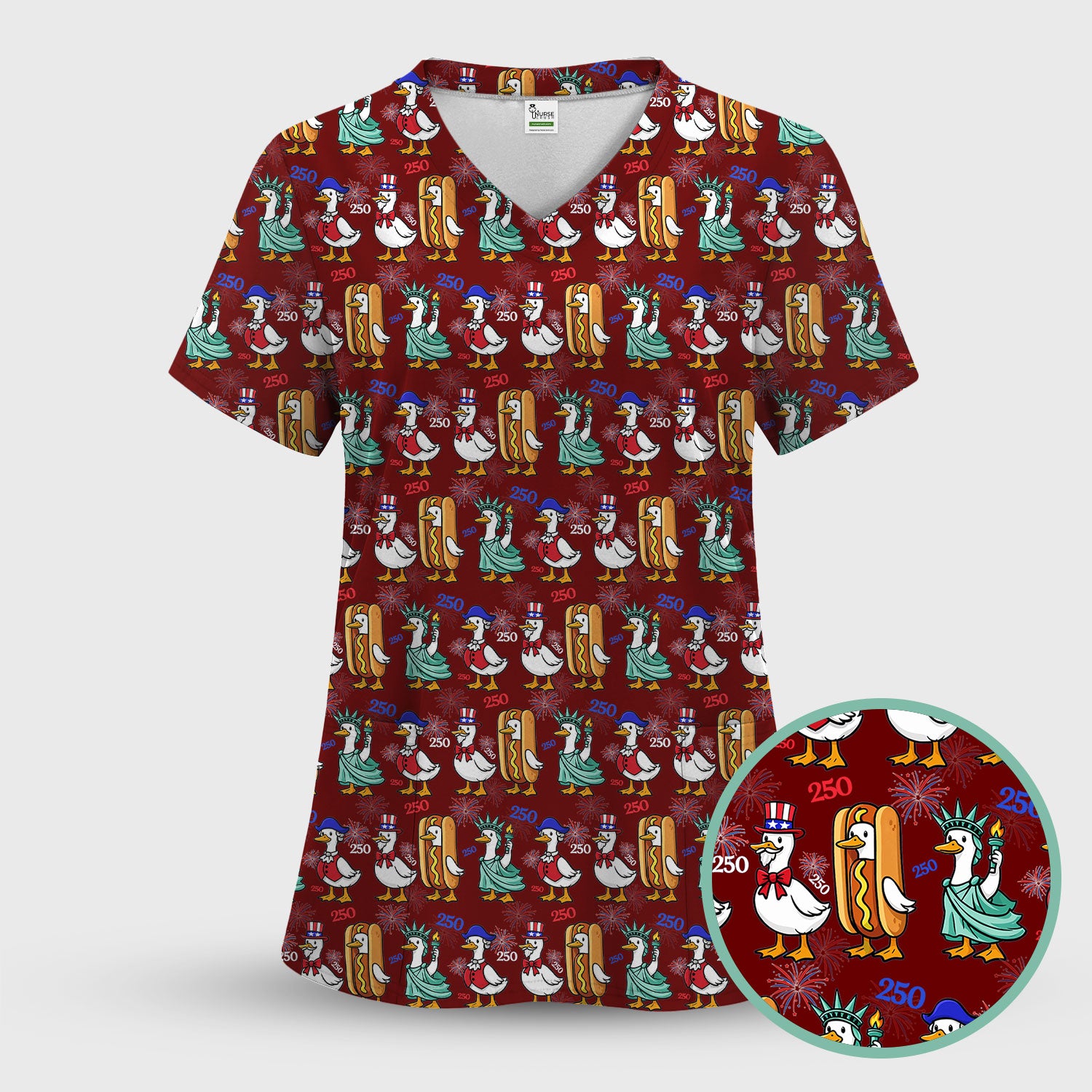 Patriotic Duck Independence Day Pattern Scrub Set, Scrub Pants and V Neck Top