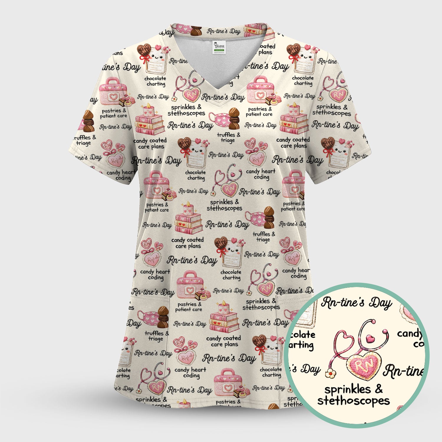 RN Sweets Valentine Stethoscope Scrub Top, Breathable Fabrics Nursing Uniform