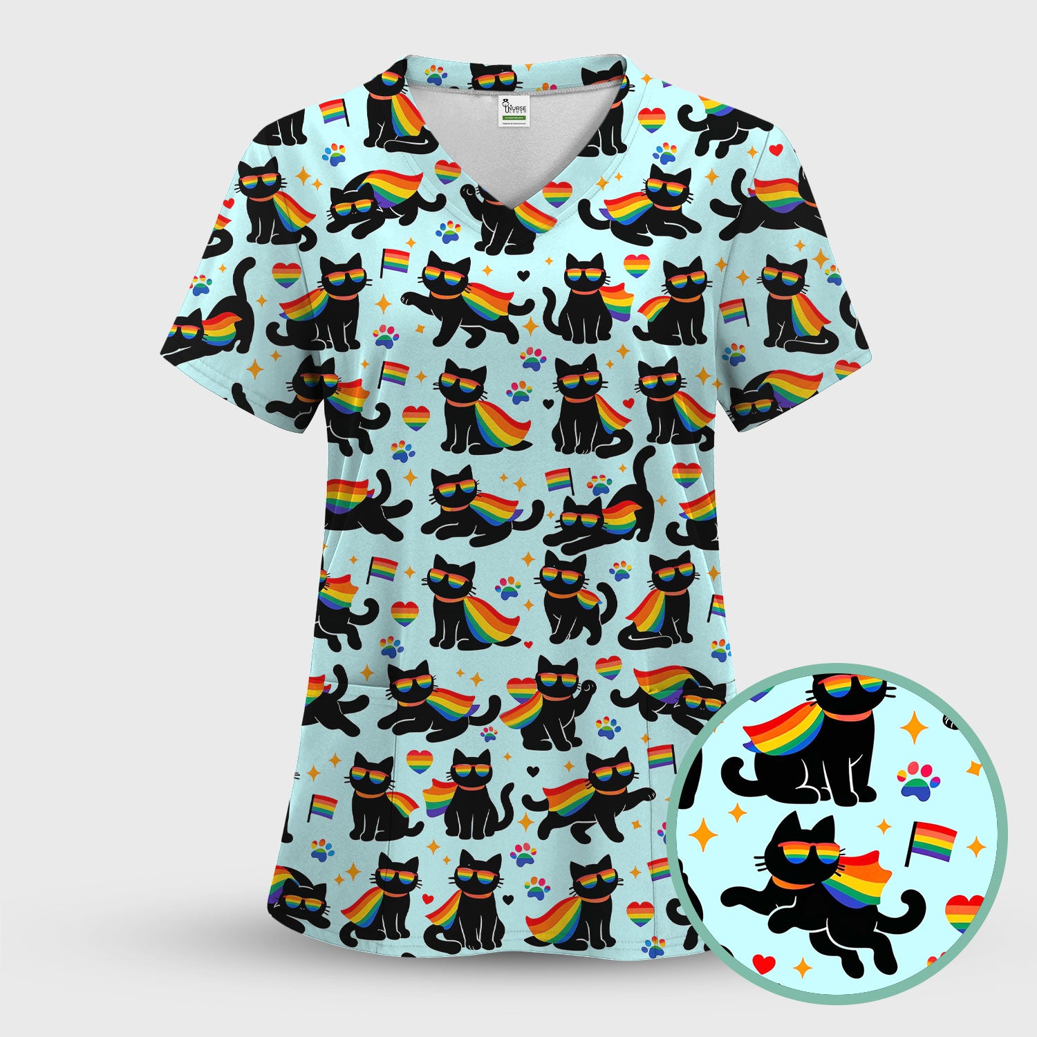 Rainbow Black Cat Pride Pattern Scrub Top, Breathable Fabrics Nursing Uniform