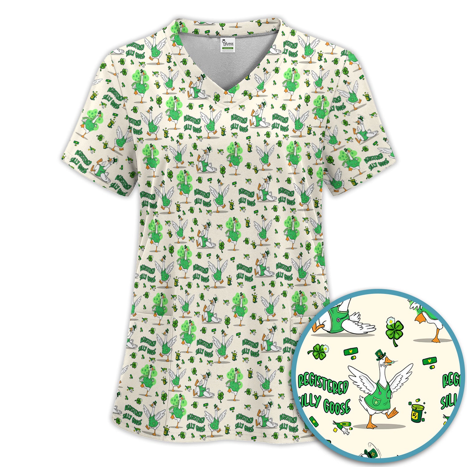 Silly Goose St. Patrick’s Day Scrub Set, Funny Goose Shamrock Pattern Nurse Scrub Shirt, Irish Green Nursing Uniform
