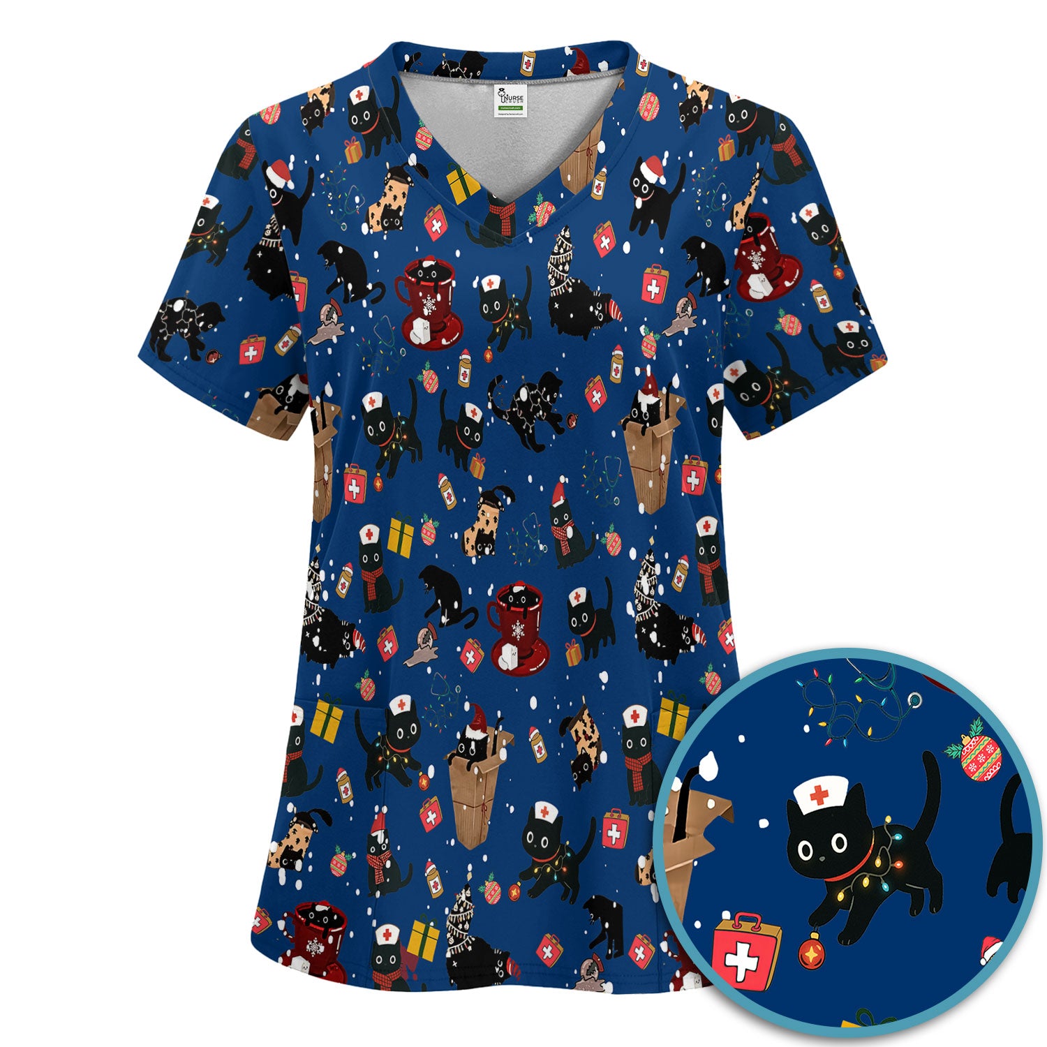 Christmas Cat Scrub Set for Nurse - Funny Black Cats Scrubs Pants and V Neck Top - Cute Holiday Medical Uniform for Women