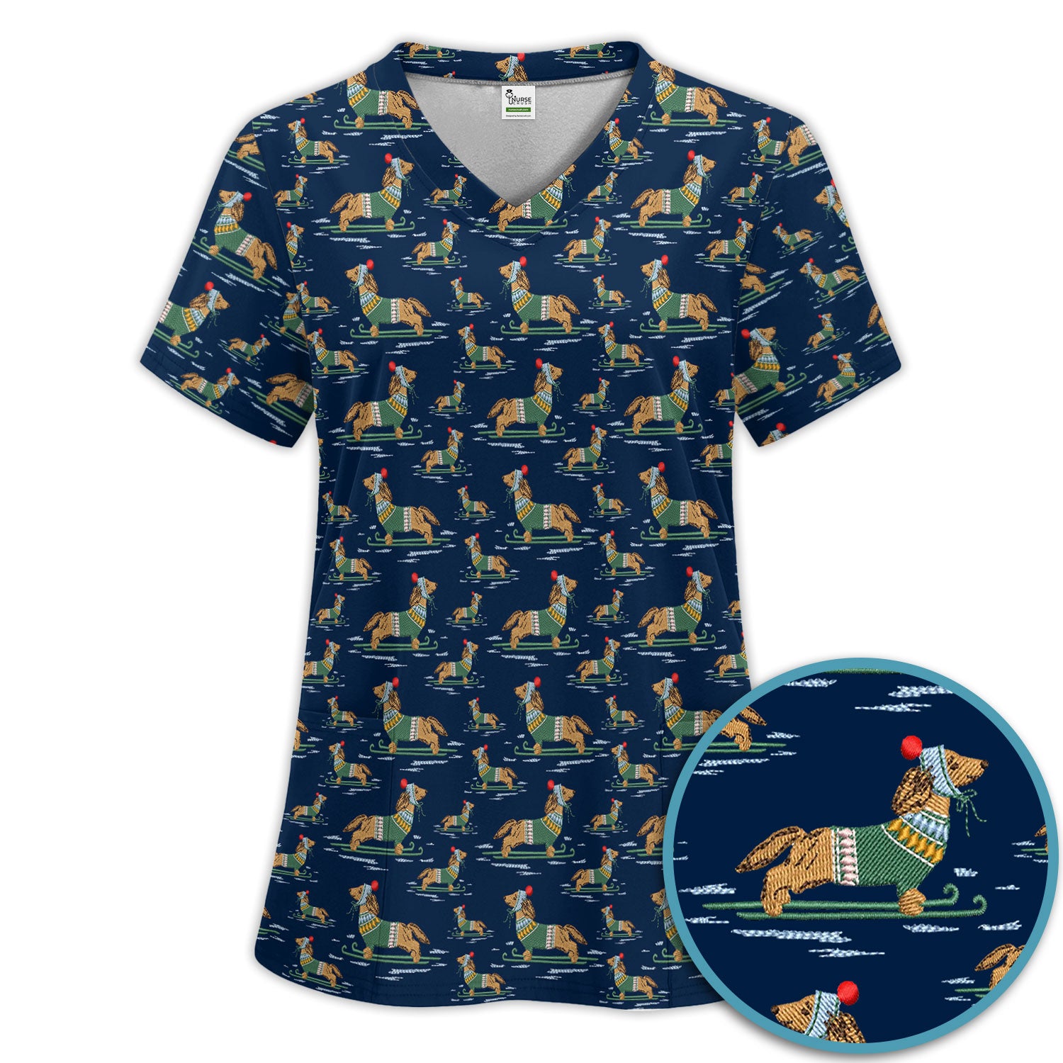 Dachshund Nurse Scrub Set, Wiener Dog Winter Pattern Shirt, Breathable Fabrics Nursing Uniform
