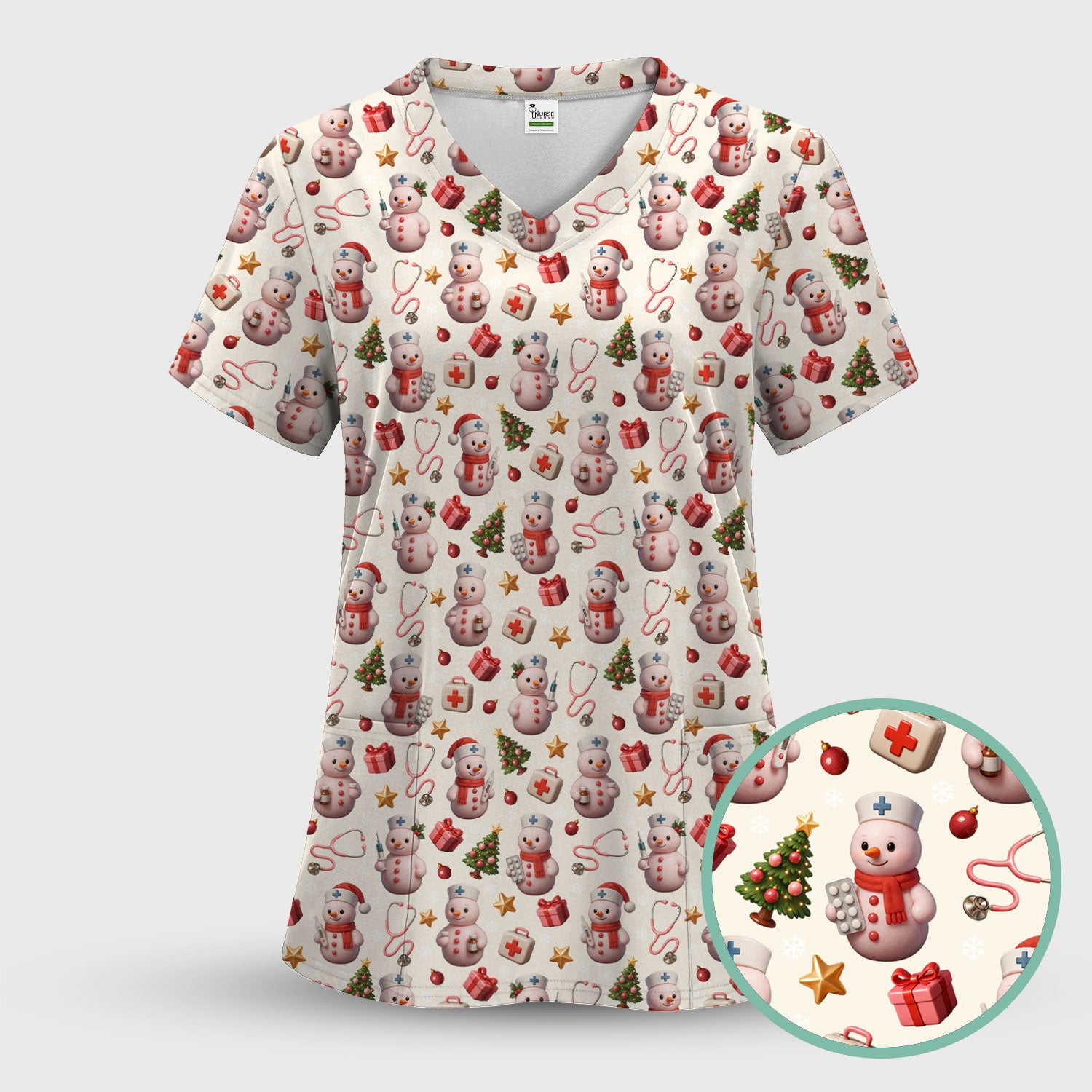 Snowman Pattern Christmas Scrub Set - Cute Holiday Medical Scrubs for Women - Funny Festive Nurse Gift for RN LPN CNA