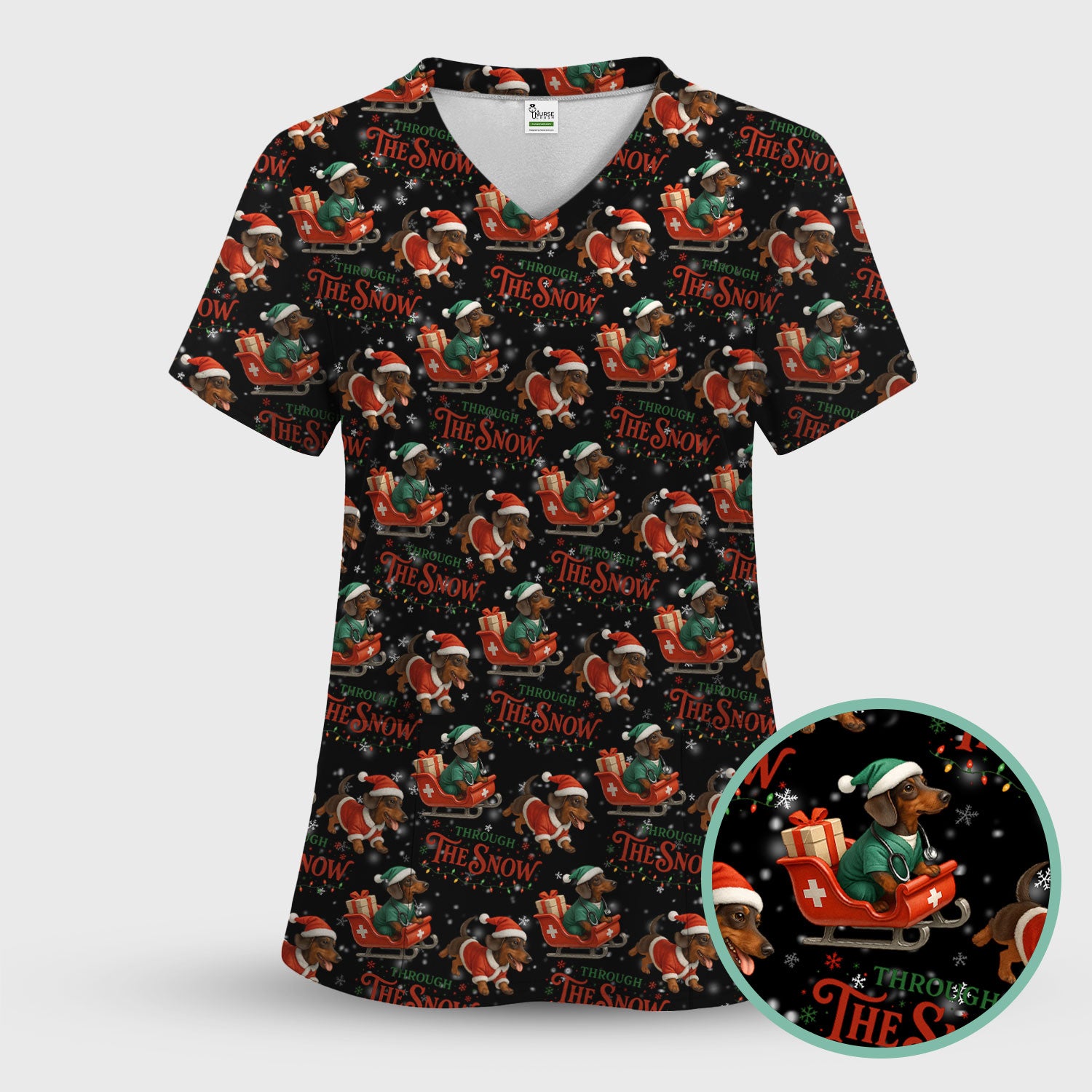 Dachshund Christmas Scrub Top, Cute Dog Nurse Scrub Shirt, Through The Snow Pattern Nursing Uniform