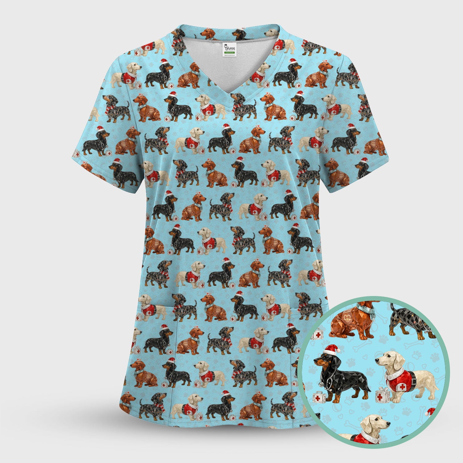 Funny Dachshund Christmas Dog Nurse Scrub Top, Holiday Puppy Medical Uniform Shirt For Nursing