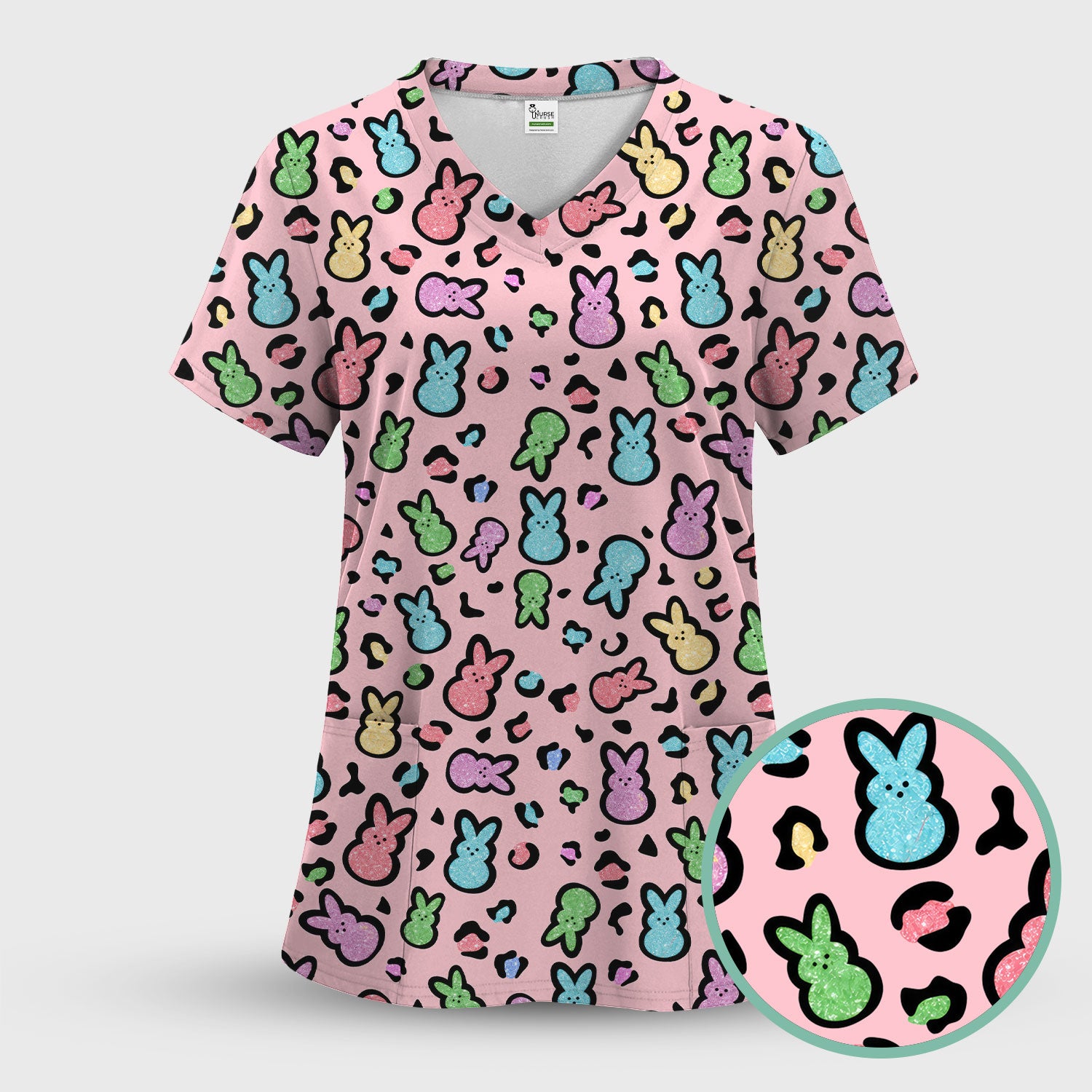 Cute Easter Bunny Pastel Pattern Scrub Set, Scrub Pants and V Neck Top