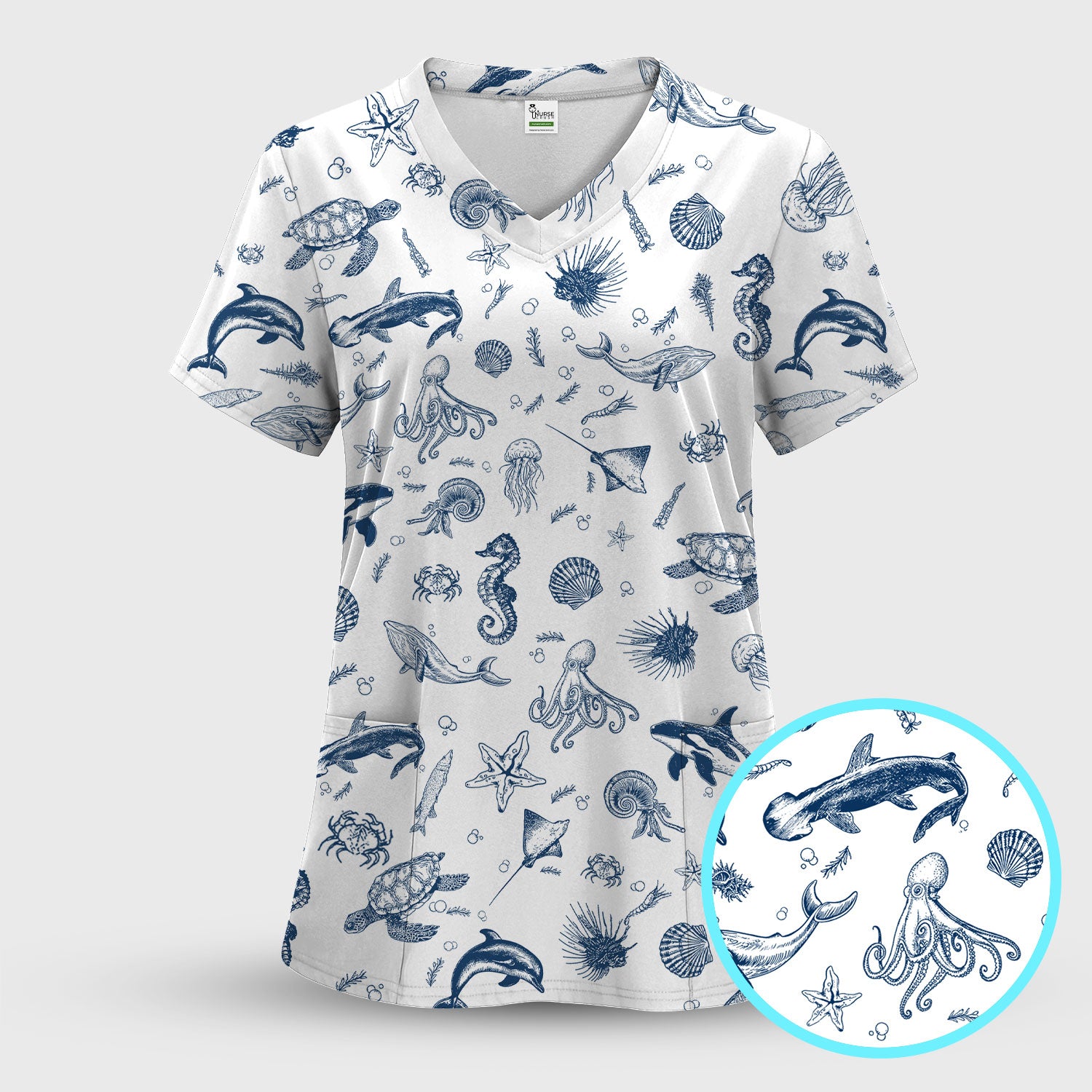 Marine Sea Life Pattern Scrub Top, Breathable Fabrics Nursing Uniform