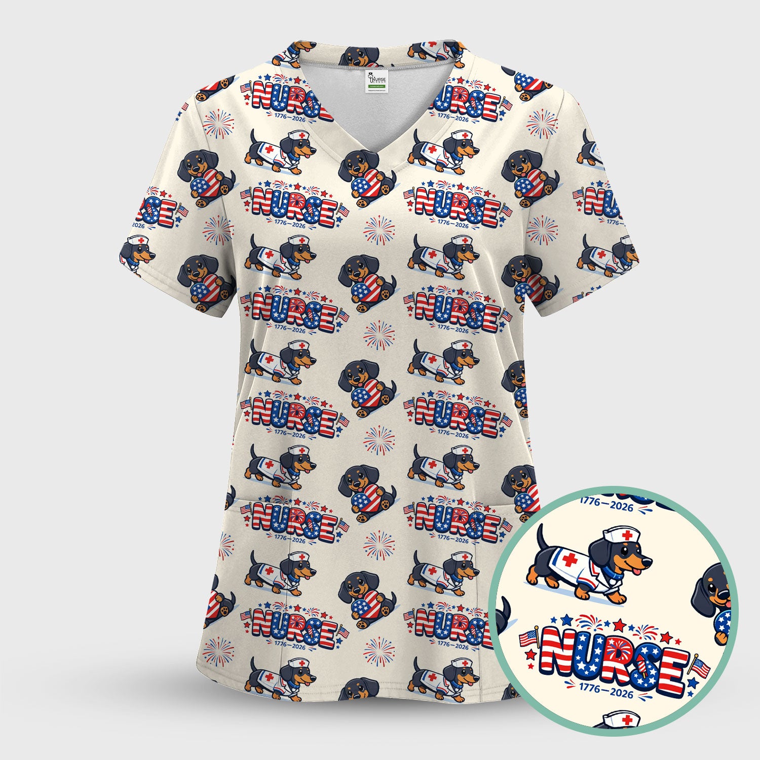 Proud Nurse Patriotic Dachshund Medical Firework Pattern Scrub Set, Nurse Uniform Scrubs Set