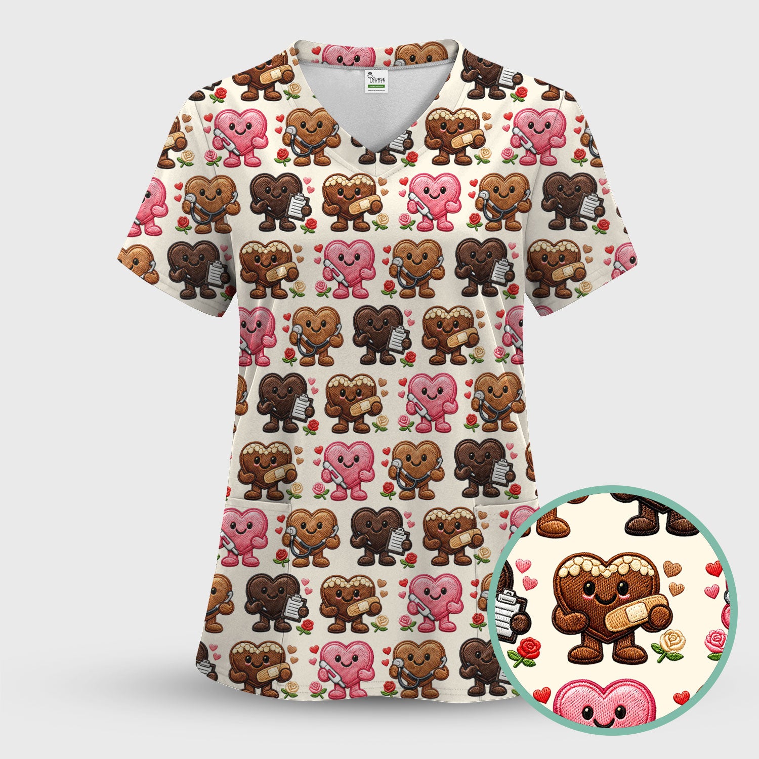 Valentine Heart Nurse Scrub Top, Cute Medical Love Pattern Shirt, Breathable Fabrics Nursing Uniform