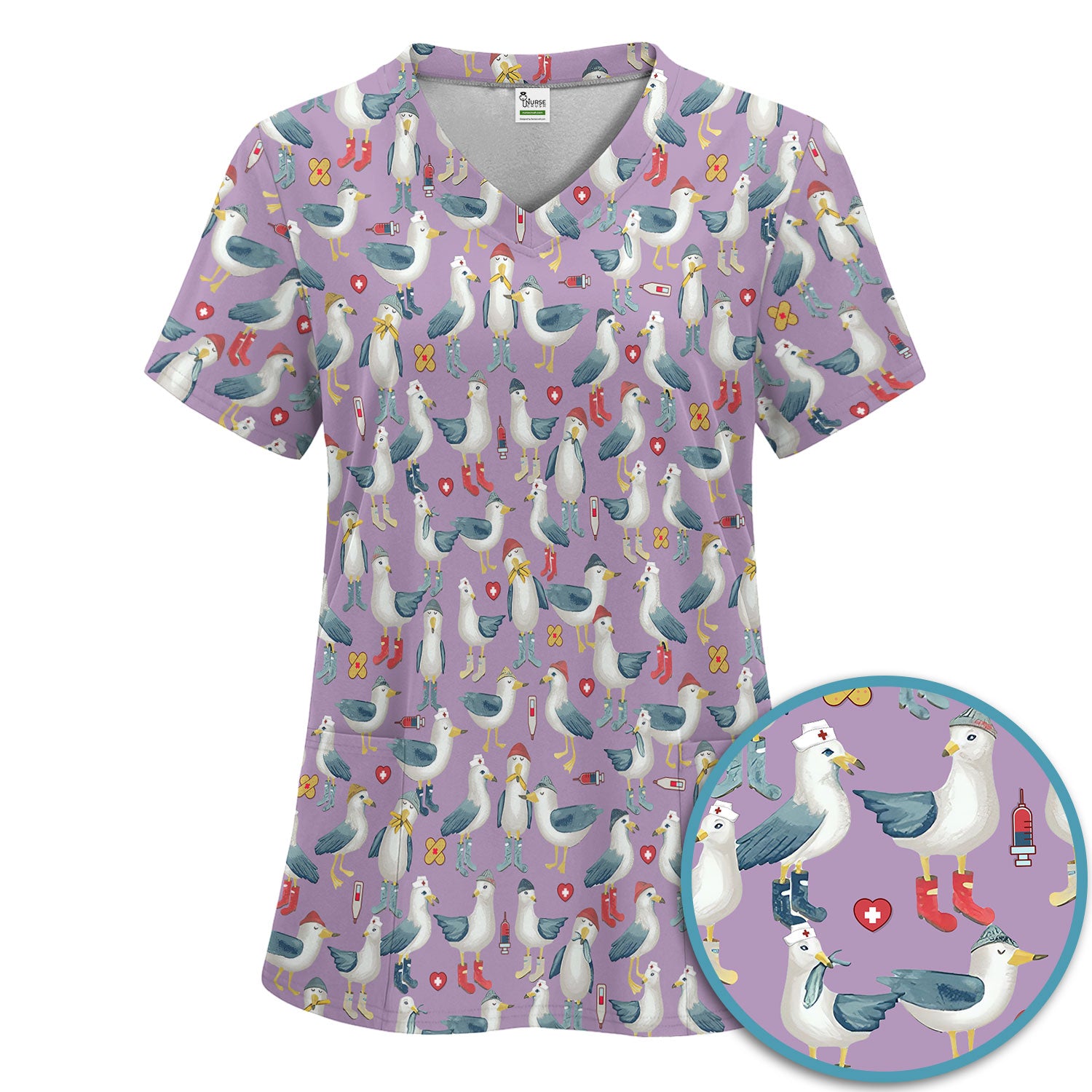 Seagull Scrub Set for Nurses - Adorable Birds Medical Uniform - Funny Scrubs Pants and V Neck Top for RN CNA LPN