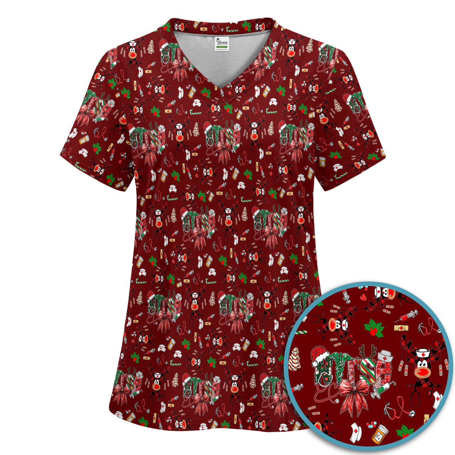 Whimsical Reindeer Christmas Scrub Set – Festive Holiday Reindeer Pattern – Cute Medical Uniform for Nurses, Vets and Healthcare Workers