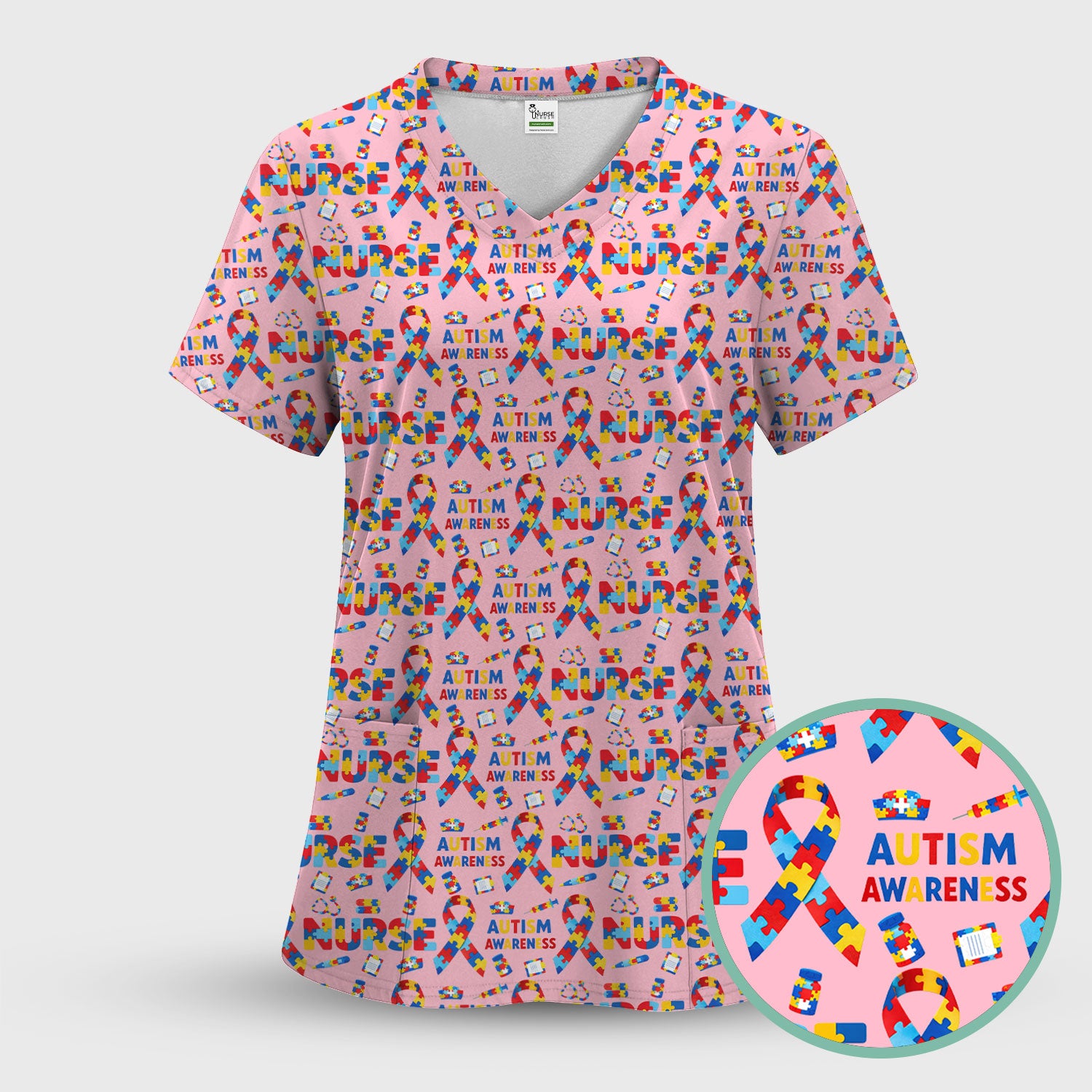 Autism Awareness Nurse Puzzle Ribbon Print Scrubs, Comfortable Scrubs for Nurses