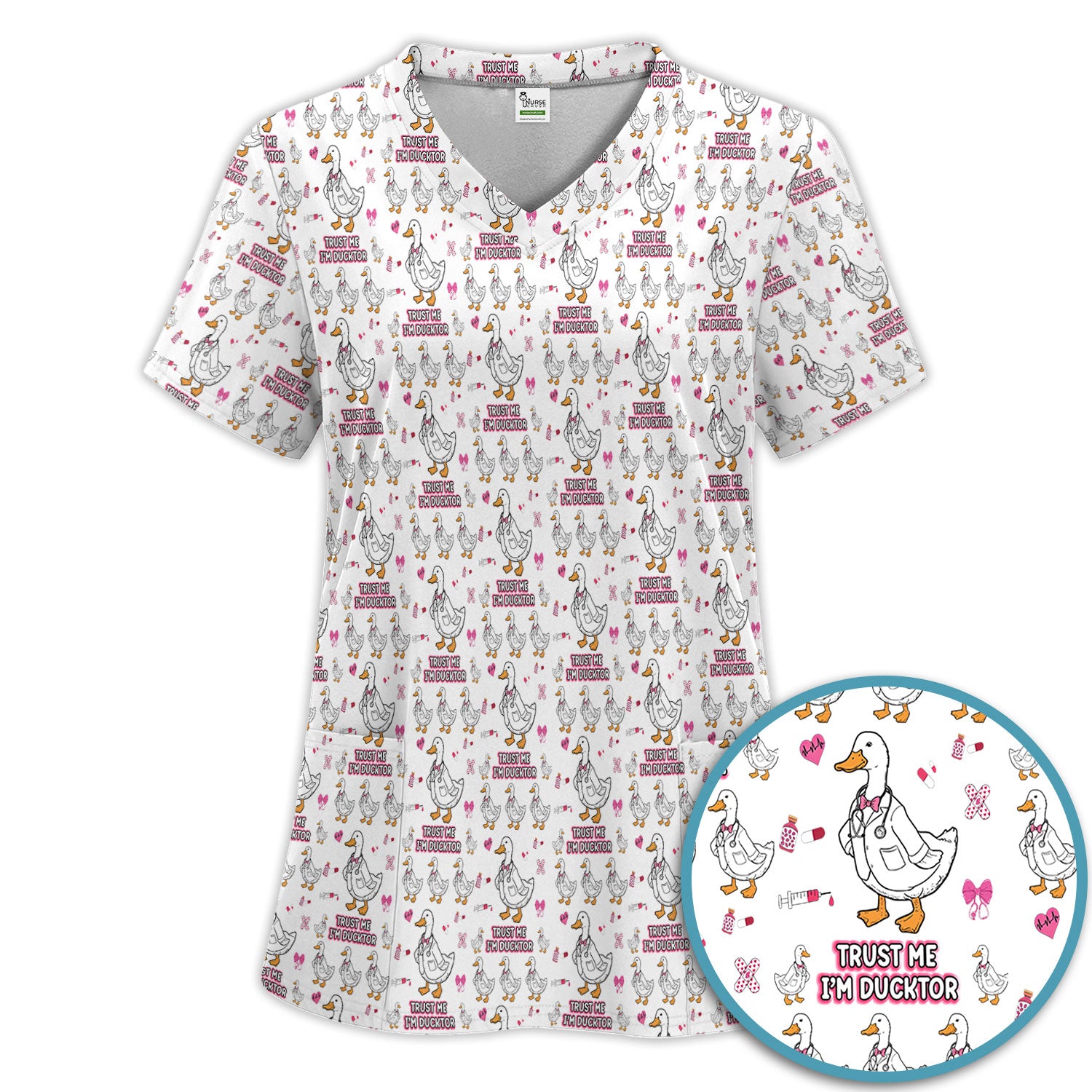 Trust Me I'm Ducktor Scrub Set, Funny Duck Pattern Scrub Shirt, Breathable Fabrics Nursing Uniform For Women