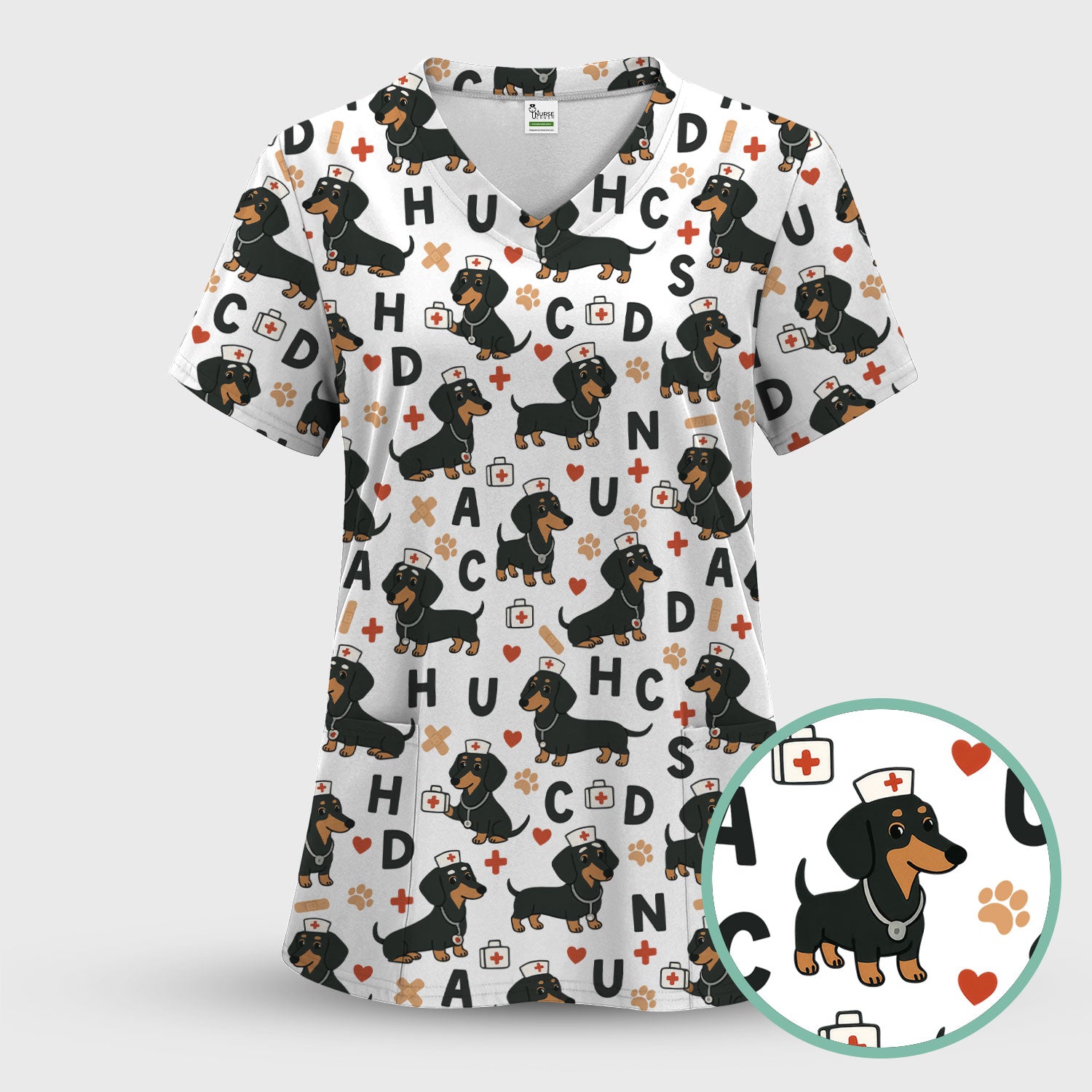 Dachshund Nurse Scrub Top for Women - Cute Dog Pattern Medical Shirt - Funny Sausage Dog Print Scrubs Gift for RN LPN CNA Healthcare Staff