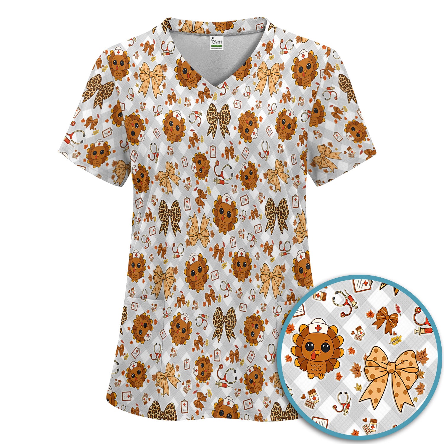 Thanksgiving Turkey Scrub Set for Nurses - Cute Fall Leaves and Bow Scrubs Pants and V Neck Top - Autumn Nursing Gift for Her