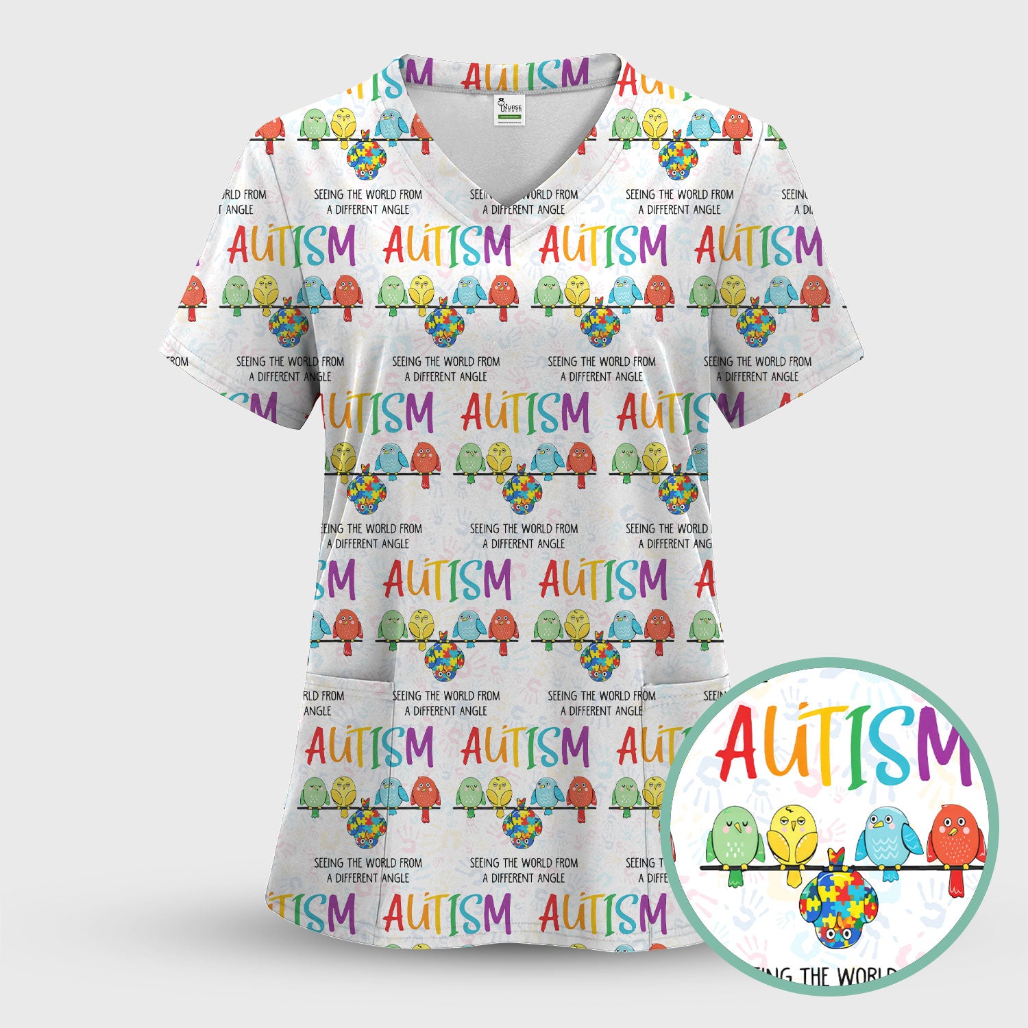 Autism Seeing The World From A Different Angle Birds Scrub Top ,Comfortable Scrubs for Nurses