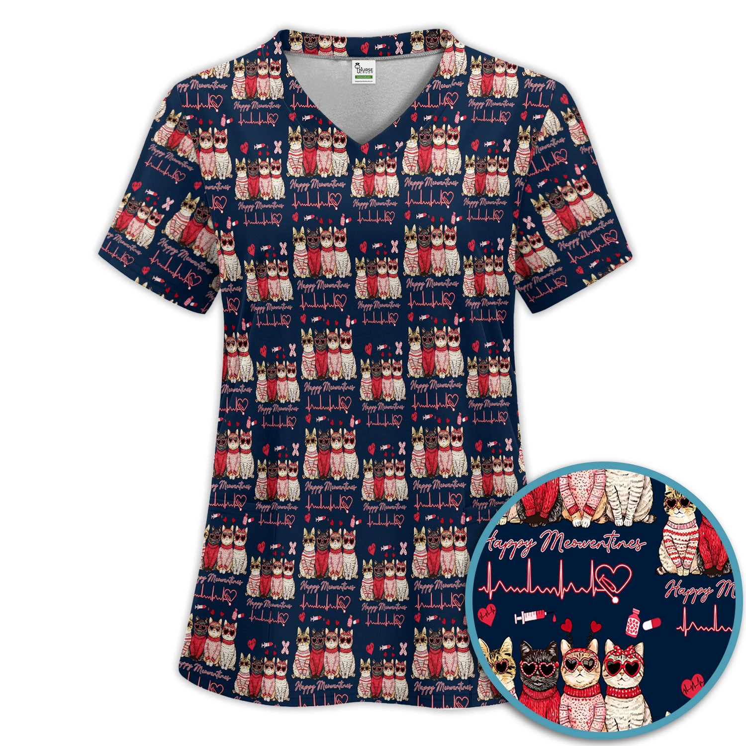 Happy Meowtines Cat Pattern Scrub Set, Valentine Cat Lover Nurse Scrub Shirt, Heartbeat Medical Pattern Nursing Uniform