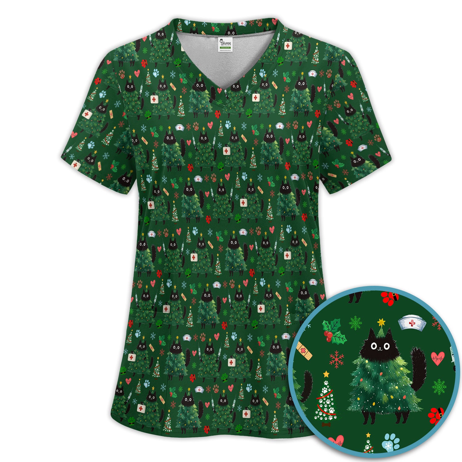 Christmas Nurse Scrub Set, Xmas Black Cat Pattern Nurse Shirt,  Breathable Fabrics Nursing Uniform