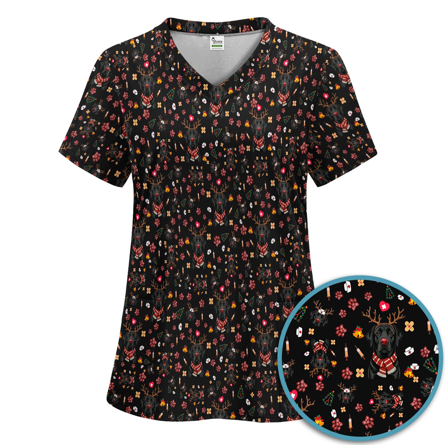 Funny Black Lab Reindeer Scrub Set - Christmas Dog Nurse Pants and V Neck Top - Cute Holiday Medical Uniform