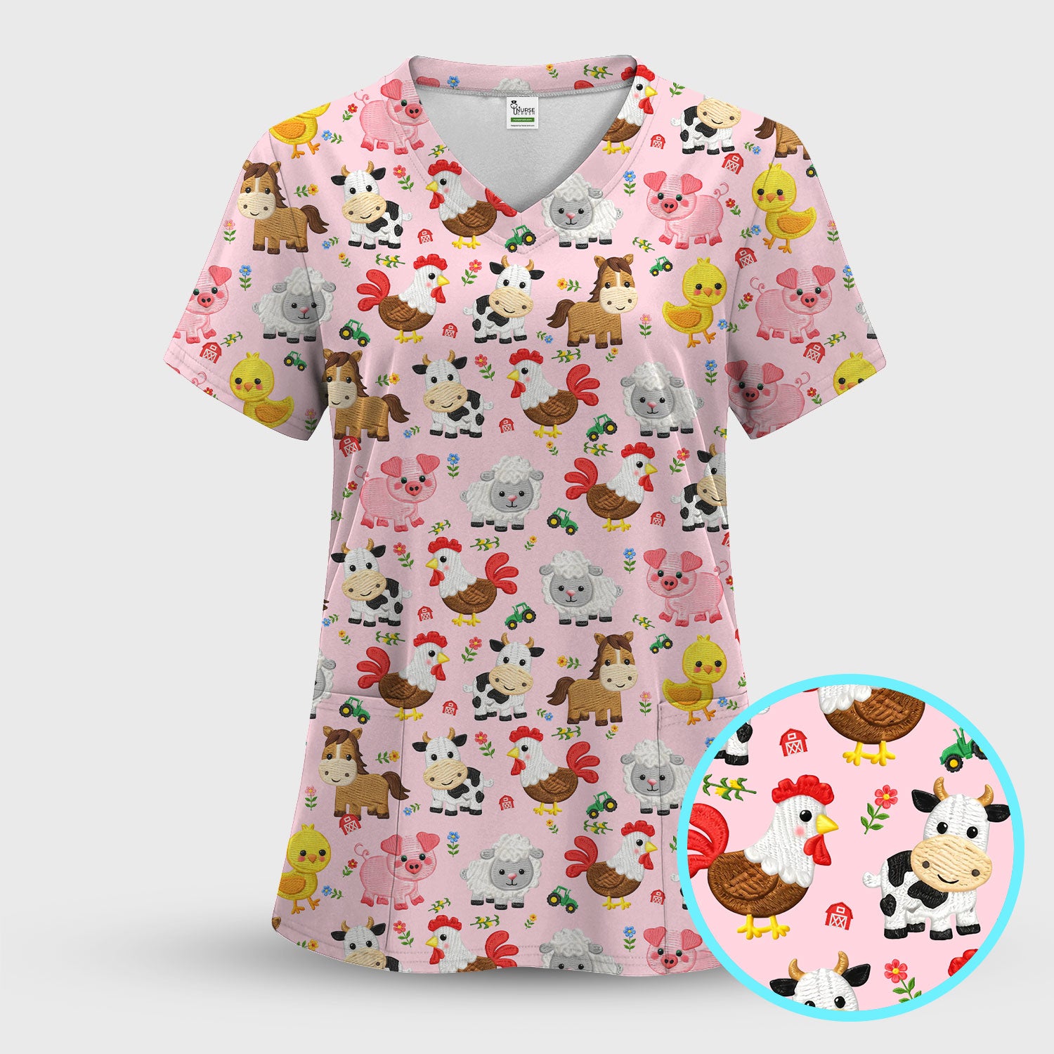 Cartoon Farm Animal Pattern Scrub Top, Breathable Fabrics Nursing Uniform