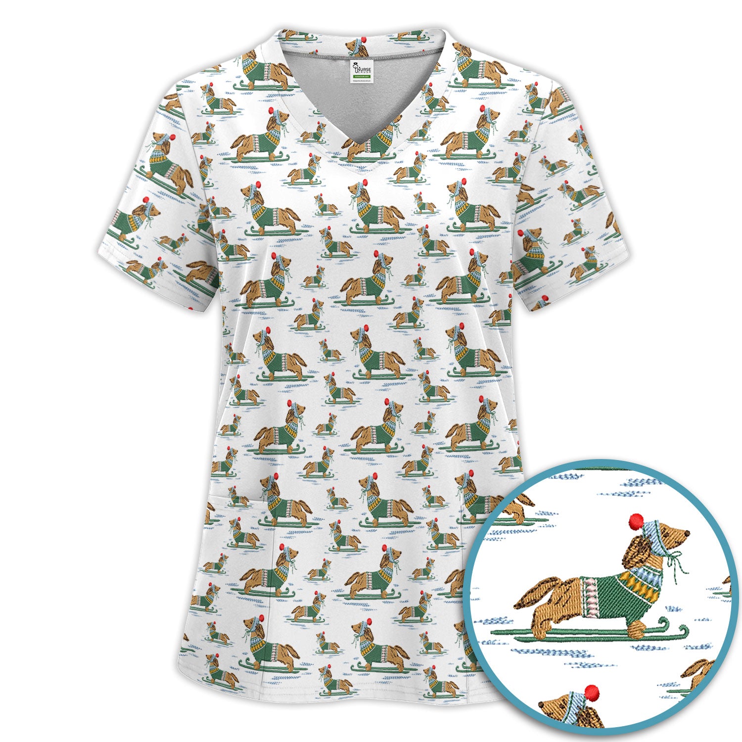Dachshund Nurse Scrub Set, Wiener Dog Winter Pattern Shirt, Breathable Fabrics Nursing Uniform