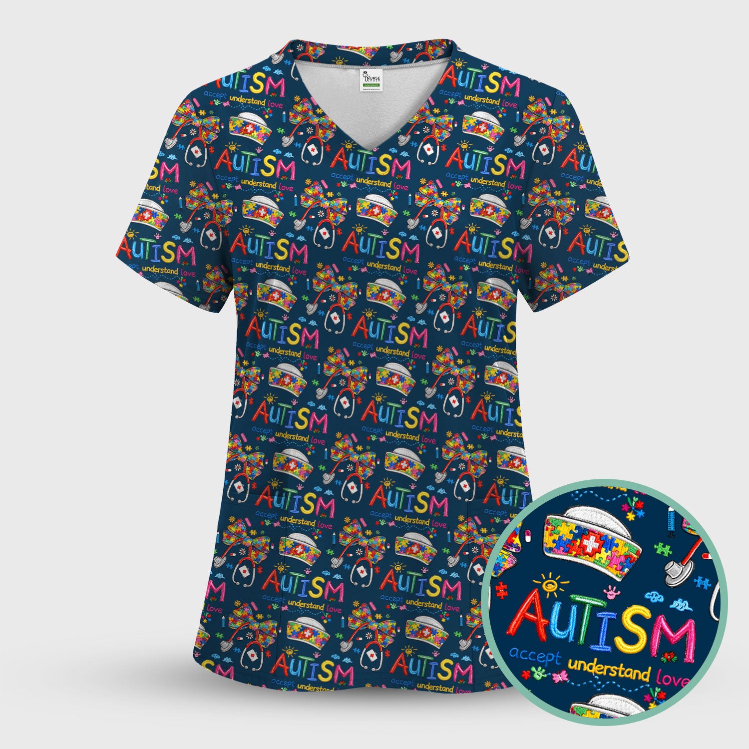 Autism Awareness Pattern Nurse Scrub Top, Accept Understand Love Puzzle Nurses Shirt, Breathable Fabrics Nursing Uniform