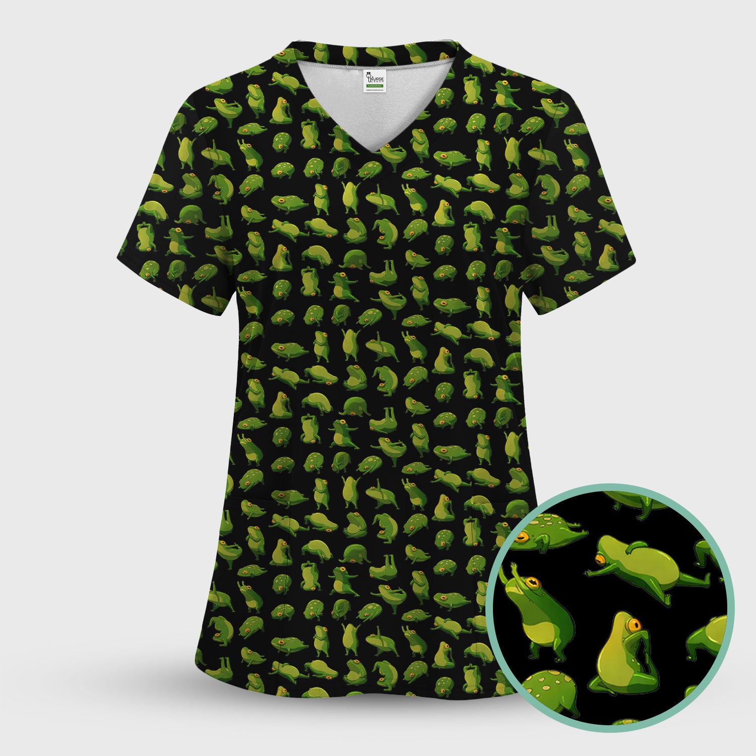 Cute Frog Cartoon Pattern Scrub Top, Comfortable Scrubs for Nurses