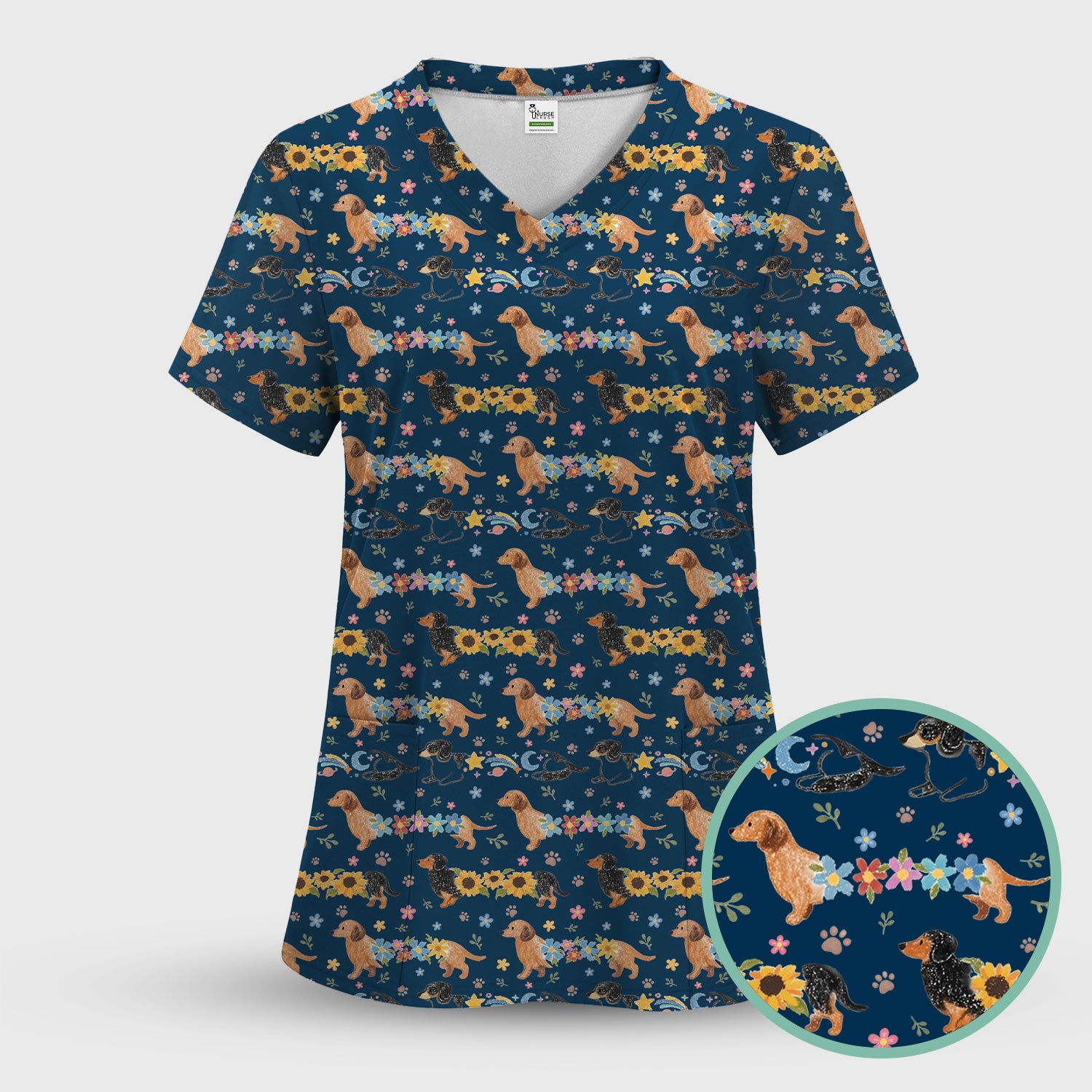 Floral Wiener Dog Pattern Scrub Set, Scrub Pants and V Neck Top