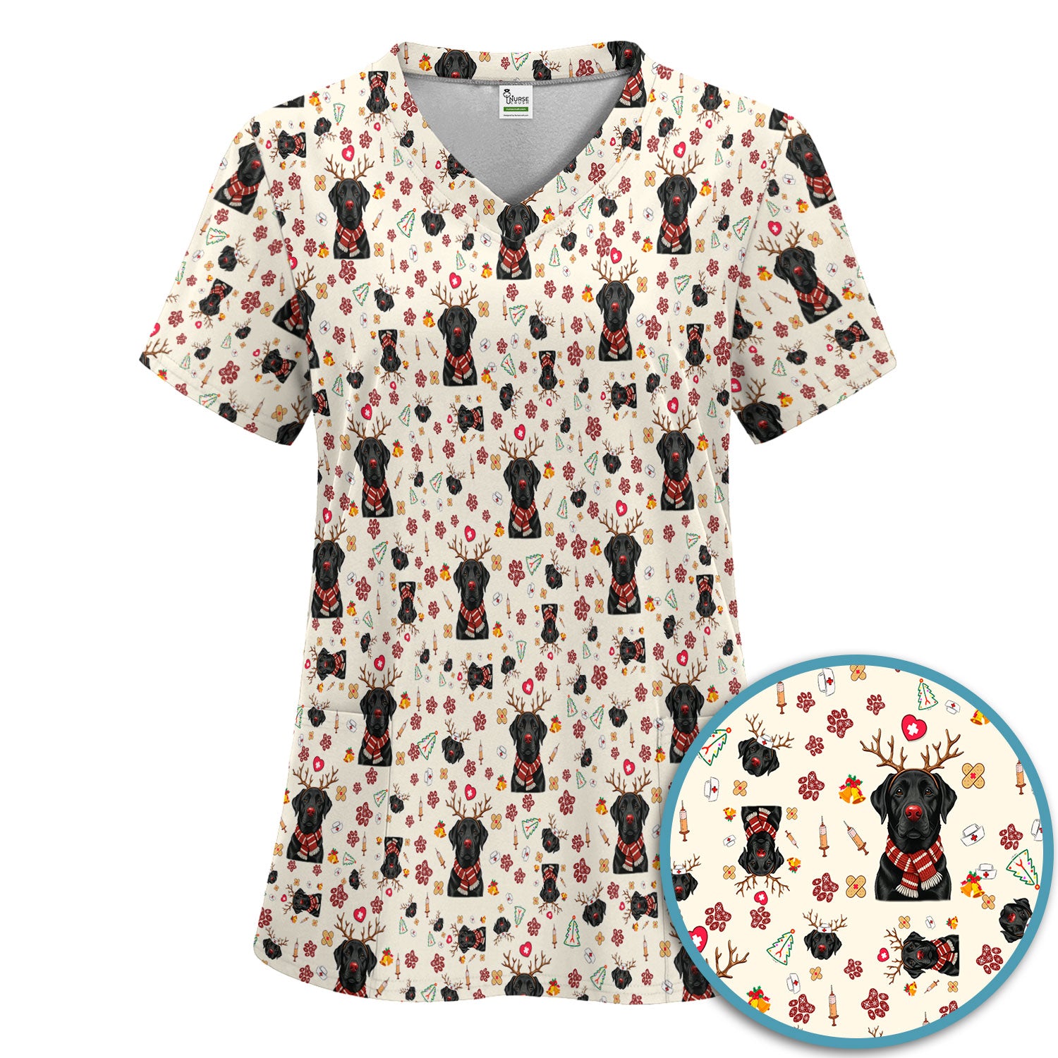 Black Lab Christmas Scrub Set - Funny Labrador Nursing Pants and V Neck Top - Cute Holiday Medical Uniform