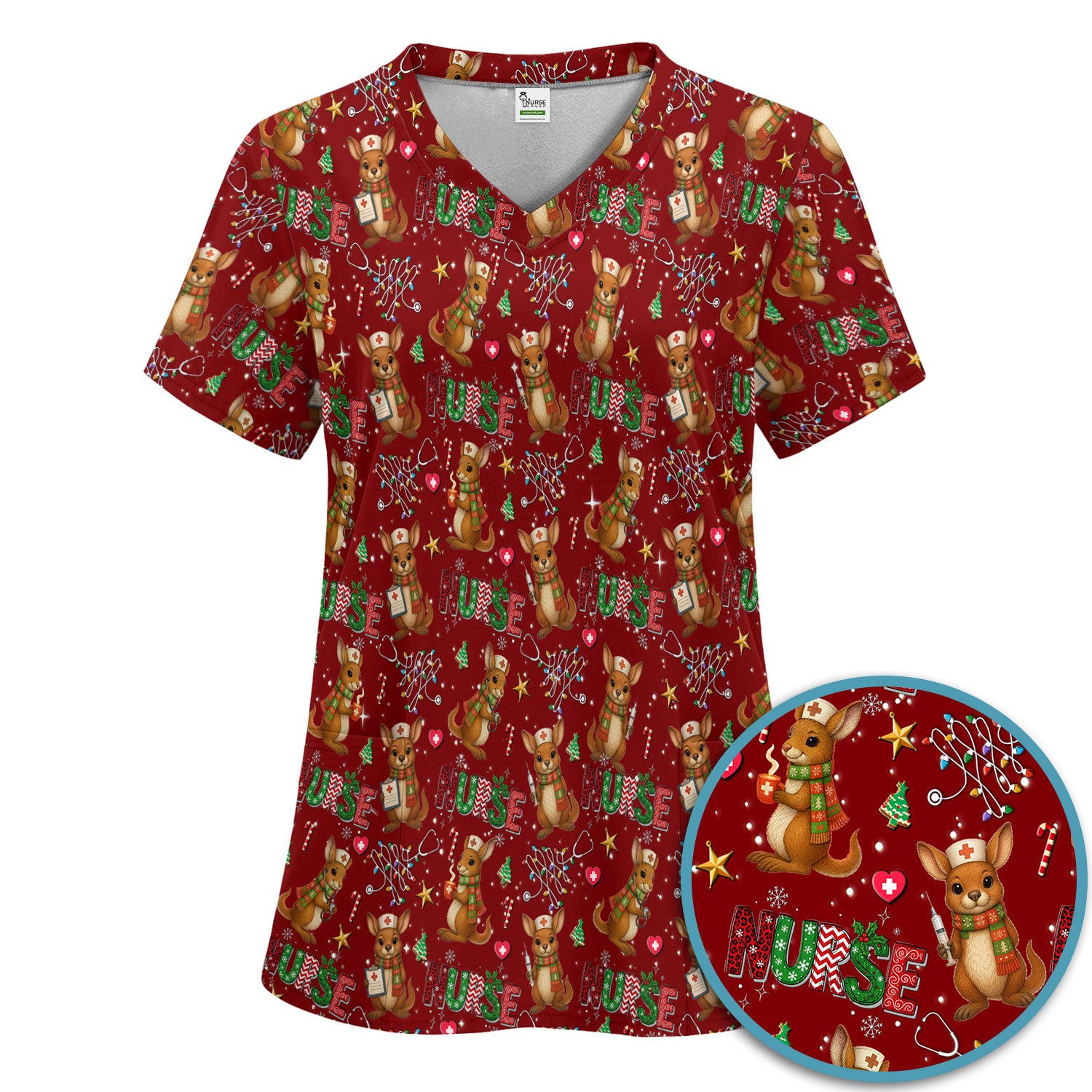 Christmas Kangaroo Nurse Scrub Set - Cute Aussie Holiday Medical Uniform - Funny Xmas Gift for Women