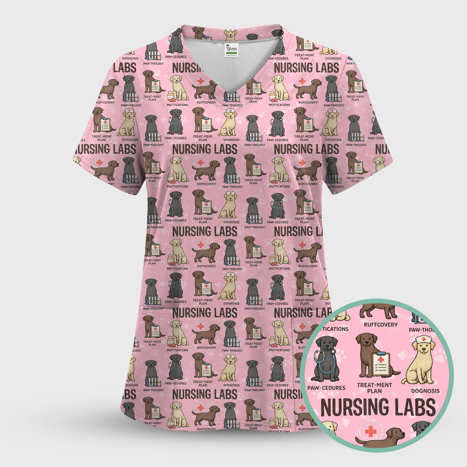 Playful Nursing Labs Dog Pattern Scrub Top, Comfortable Scrubs for Nurses