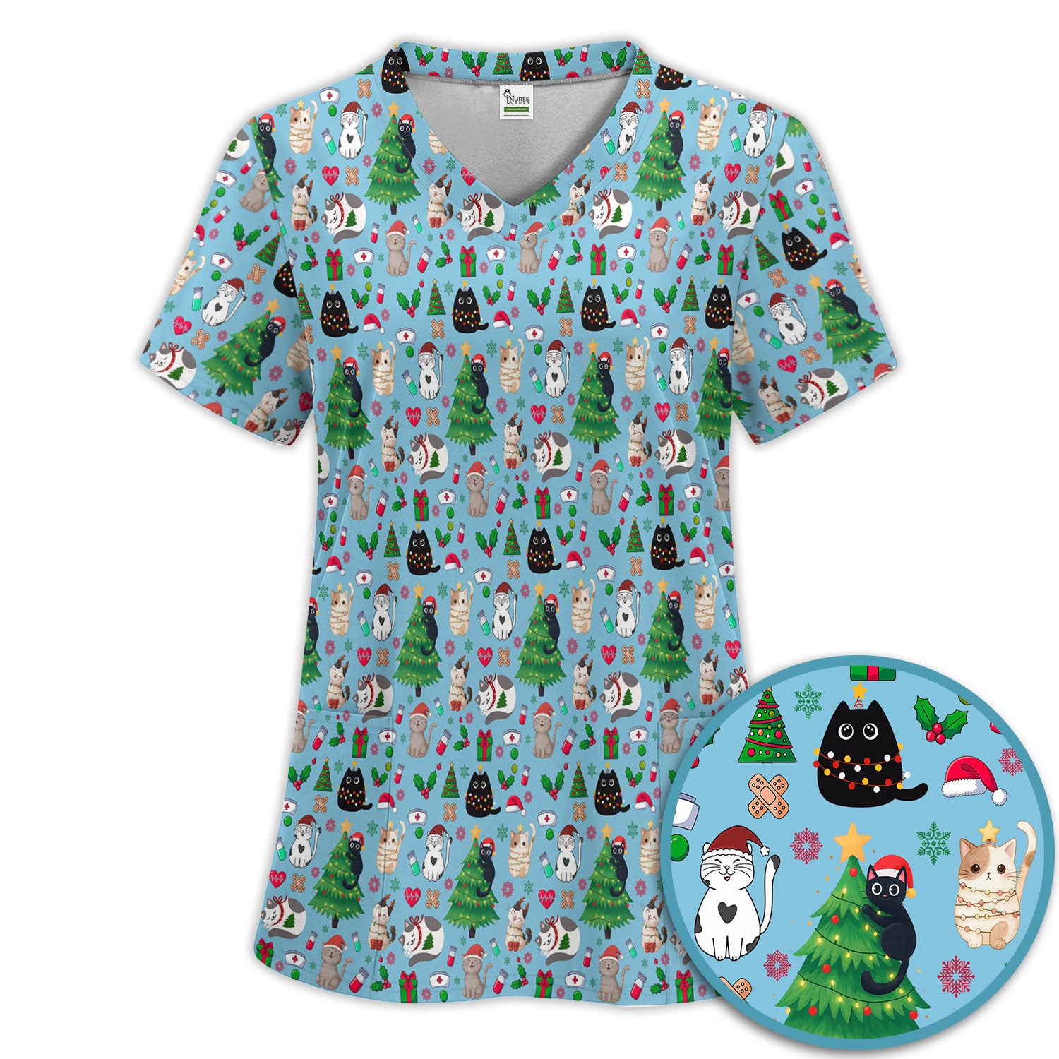 Christmas Cat Scrub Set, Xmas Pet Pattern Scrub Shirt, Breathable Fabrics Nursing Uniform