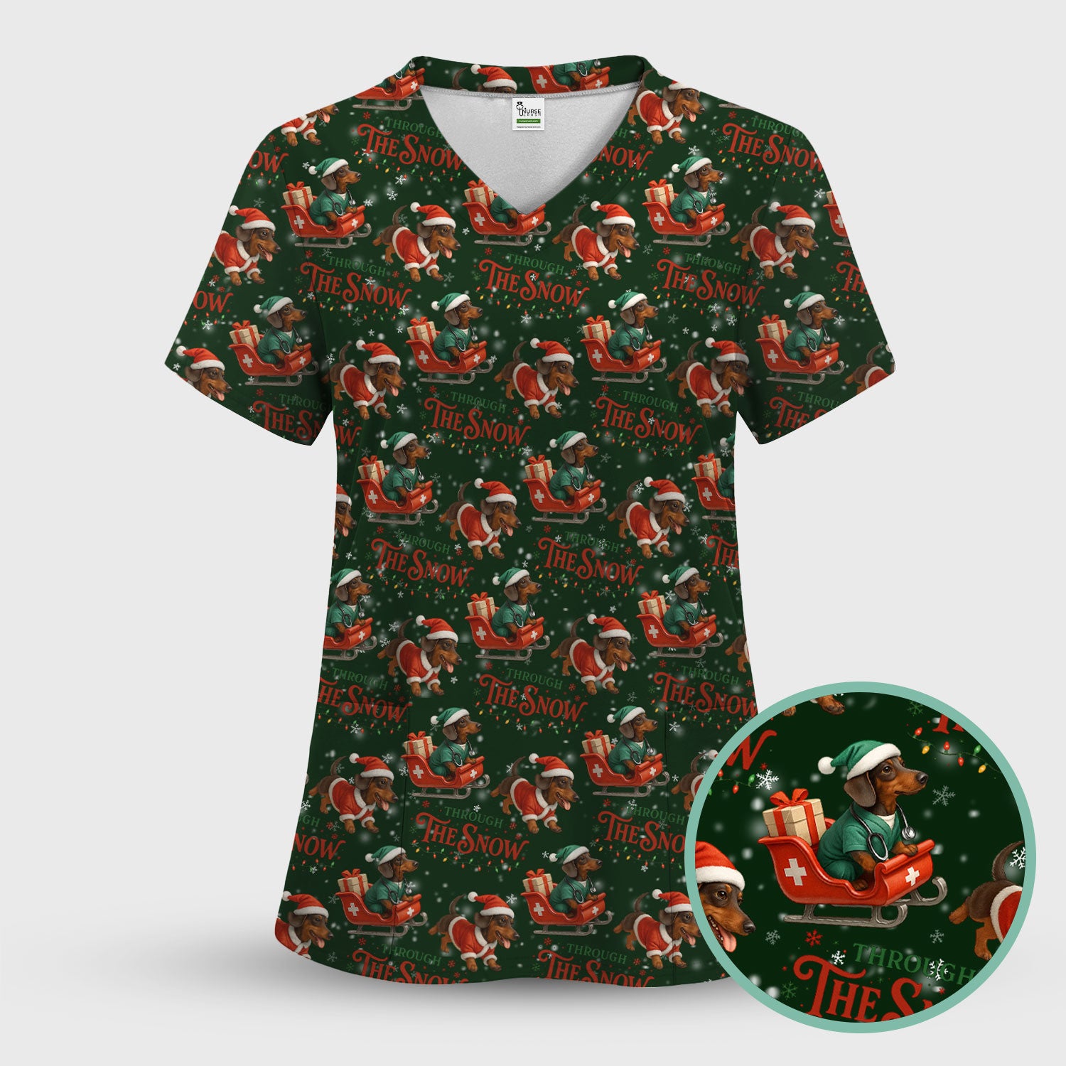 Dachshund Christmas Scrub Top, Cute Dog Nurse Scrub Shirt, Through The Snow Pattern Nursing Uniform