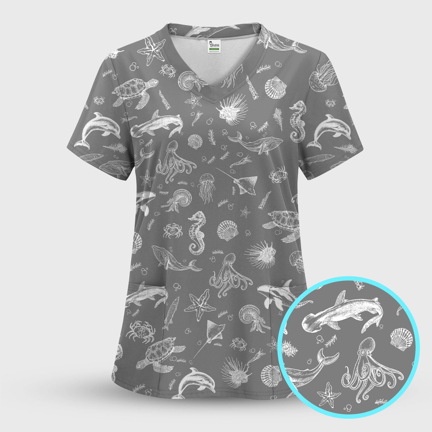 Marine Sea Life Pattern Scrub Top, Breathable Fabrics Nursing Uniform