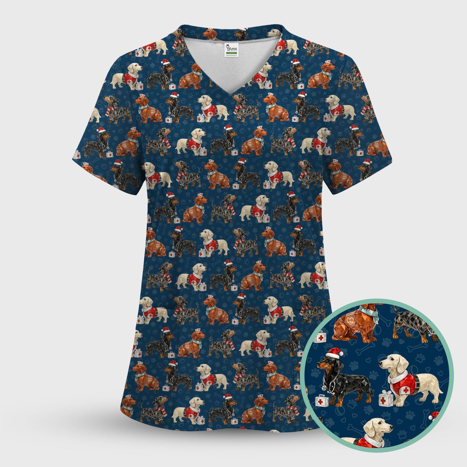 Funny Dachshund Christmas Dog Nurse Scrub Top, Holiday Puppy Medical Uniform Shirt For Nursing