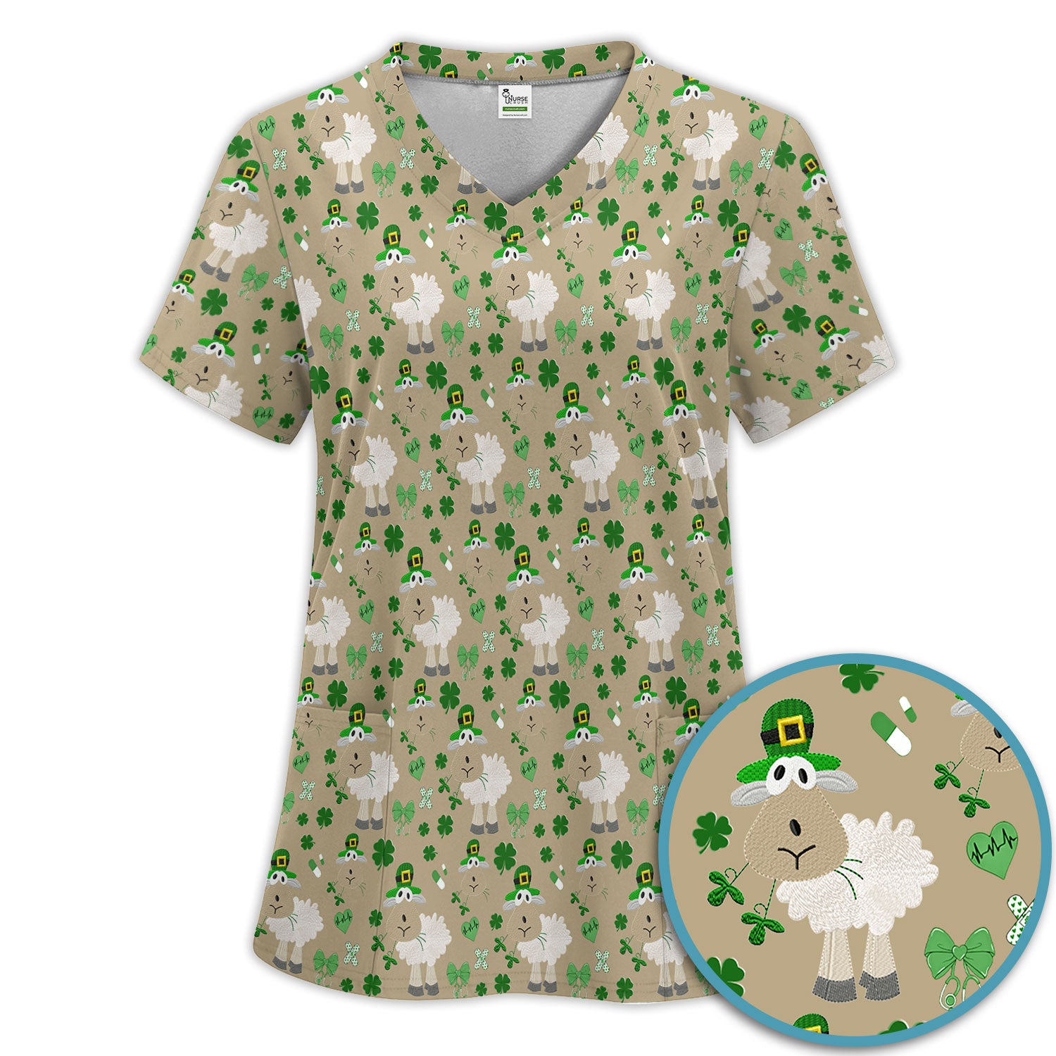 Nurse St. Patrick Scrubs Set, Cute Sheep Shamrock Pattern Nurse Shirt, Breathable Fabrics Nursing Uniform