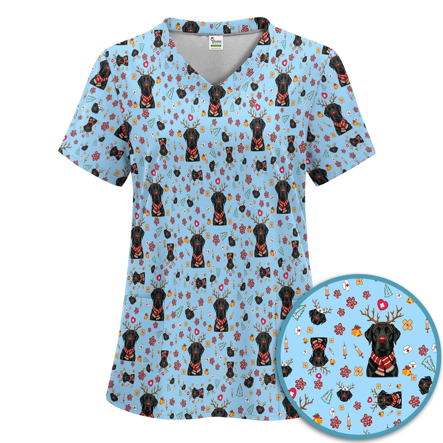 Black Lab Christmas Scrub Set - Funny Labrador Nursing Pants and V Neck Top - Cute Holiday Medical Uniform