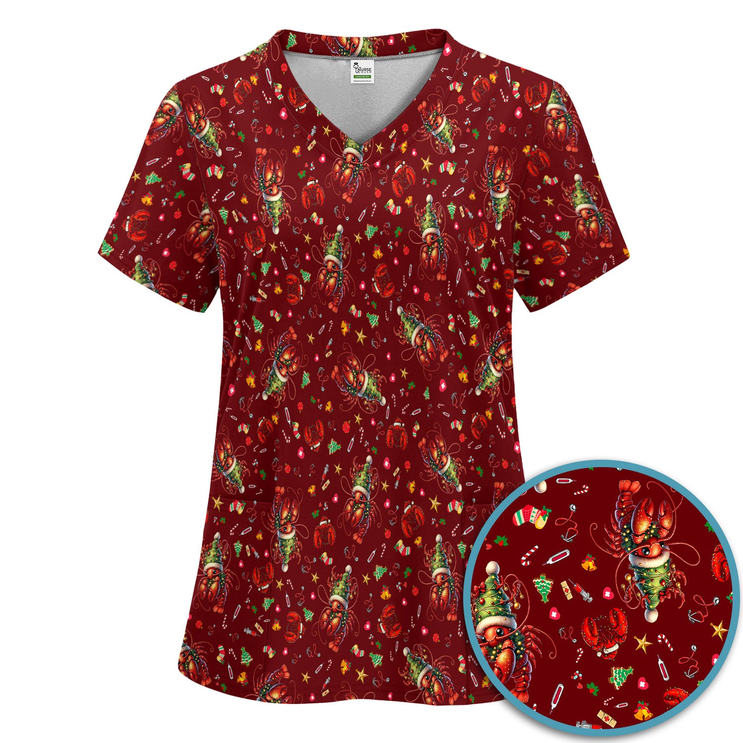 Whimsical Crawfish Christmas Scrub Set – Southern Christmas Cajun Holiday Crawfish Pattern – Cute Medical Uniform for Nurses, Vets And Healthcare Workers