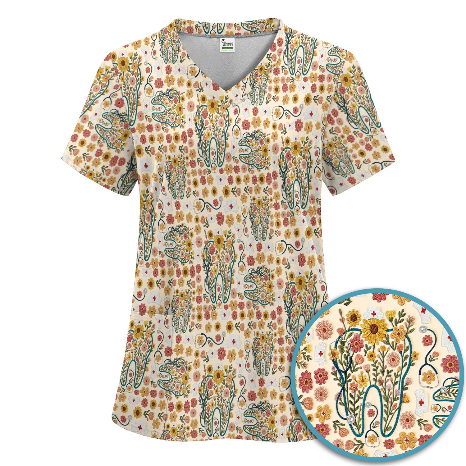 Boho Floral Tooth Scrub Set - Aesthetic Dental Scrubs Pants and V Neck - Cute Flower Tooth Medical Uniform - Hygienist Christmas Gift