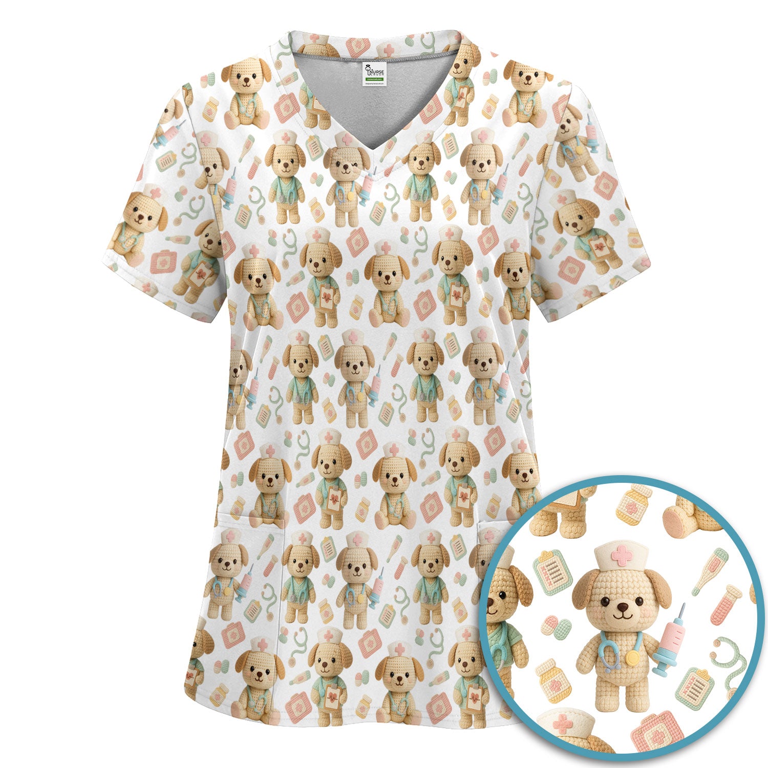 Cute Labrador Scrub Set for Nurse - Pastel Crochet Dog Scrubs Pants and V Neck Top - Adorable Puppy Med Uniform Gift for Women