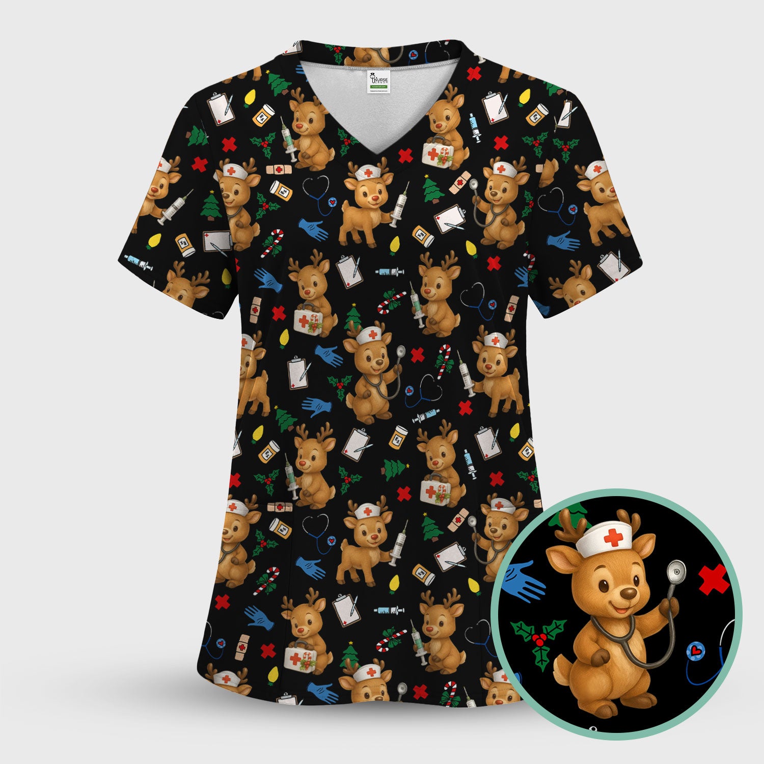 Cute Reindeer Pattern Christmas Scrub Top - Funny Holiday Nurse Scrubs for Women - Medical Christmas Print with Deer and Stethoscope Design