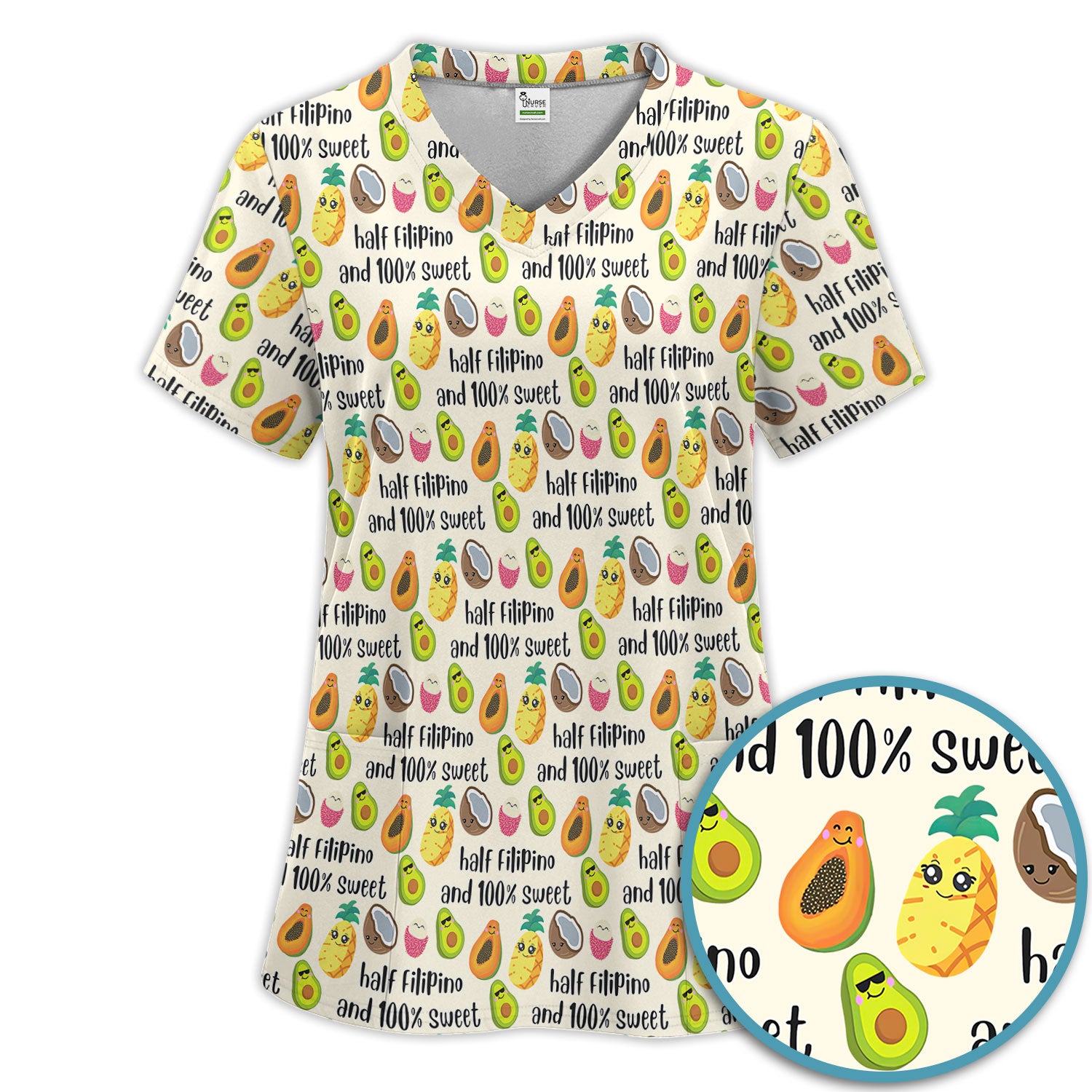 Playful Avocado Fruit Print Filipino Quote Scrub Top, Breathable Fabrics Nursing Uniform