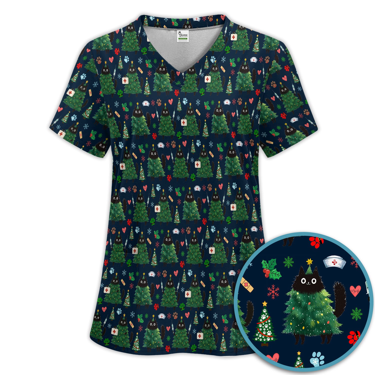 Christmas Nurse Scrub Set, Xmas Black Cat Pattern Nurse Shirt,  Breathable Fabrics Nursing Uniform