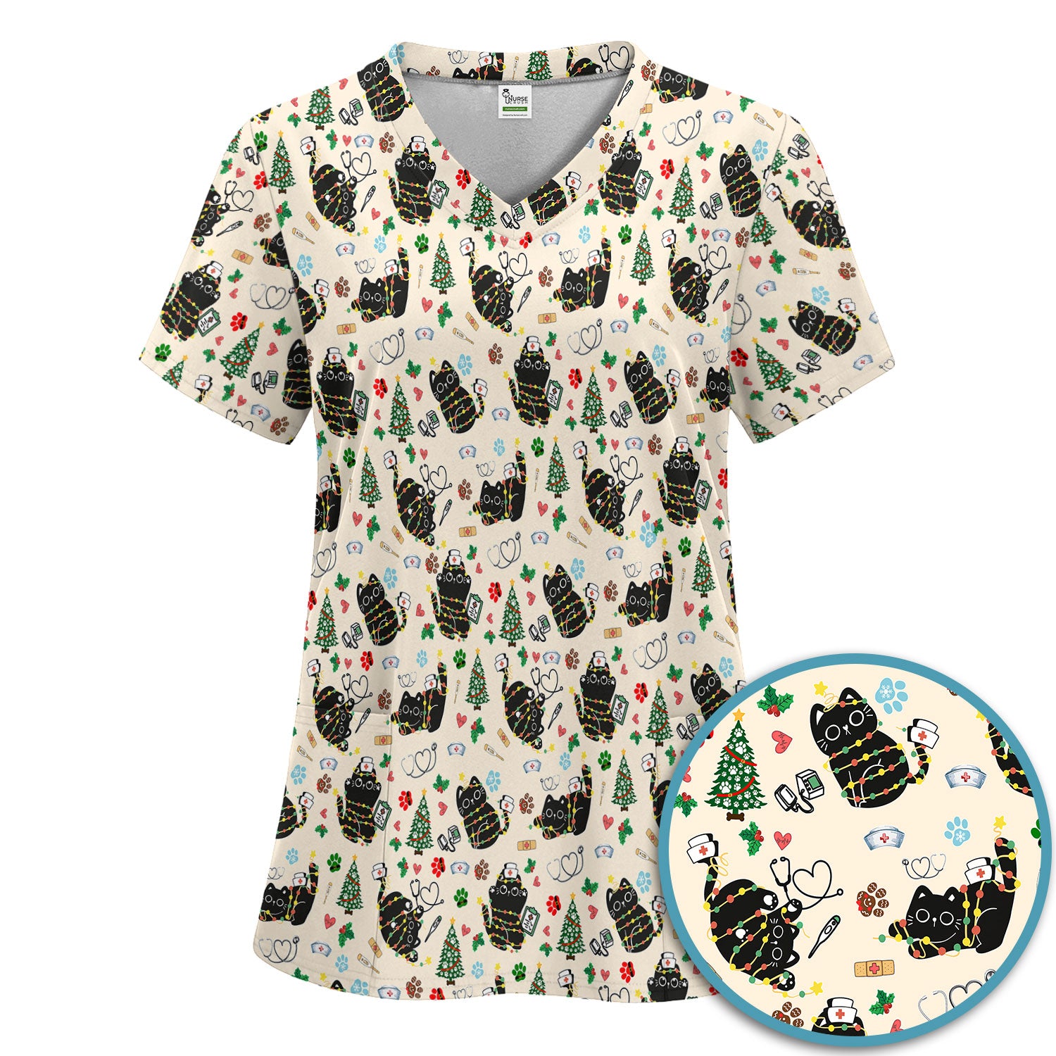 Funny Black Cat Christmas Scrub Set – Cute Holiday Kitty Pattern – Festive Medical Uniform for Nurses, Vets, and Cat Lovers