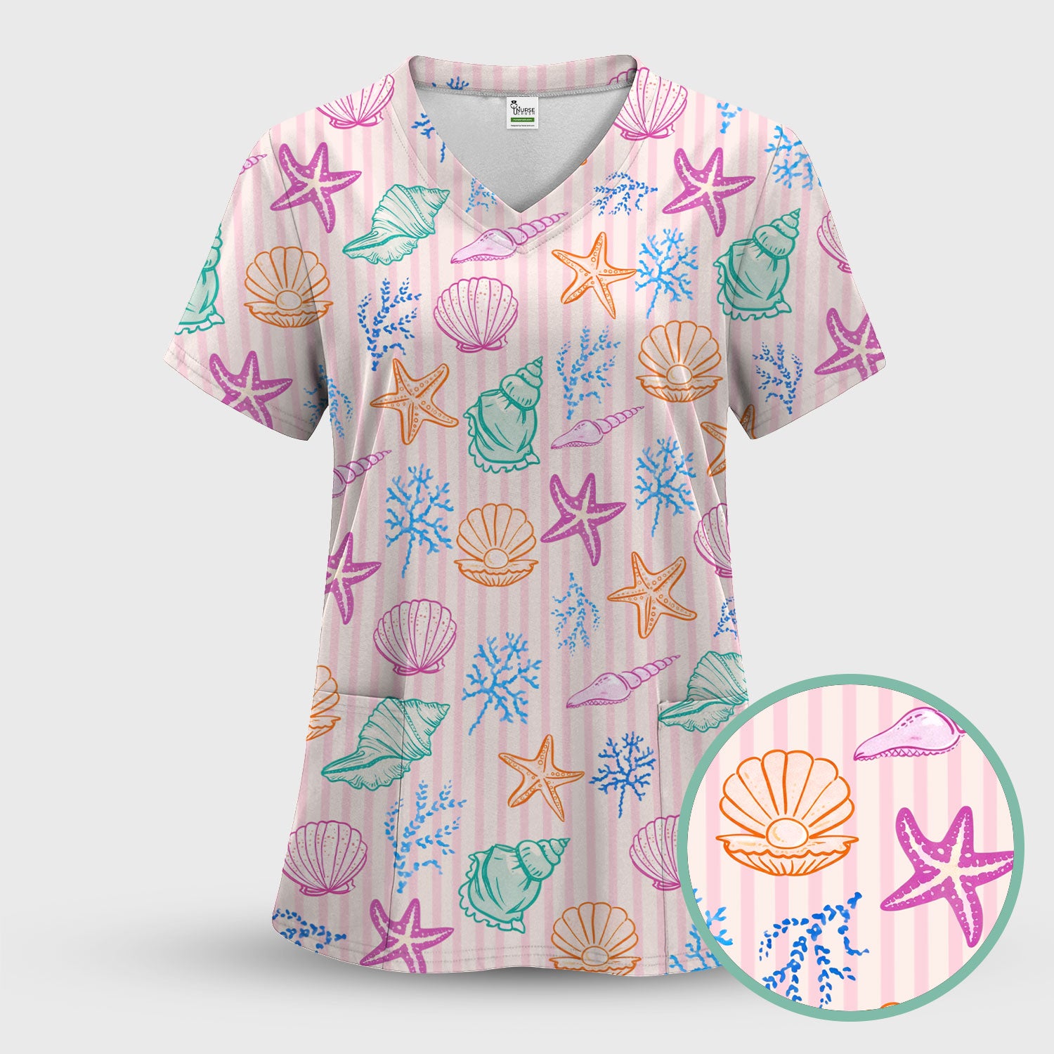 Colorful Seashell Starfish Ocean Stripe Pattern Scrub Top, Breathable Fabrics Nursing Uniform