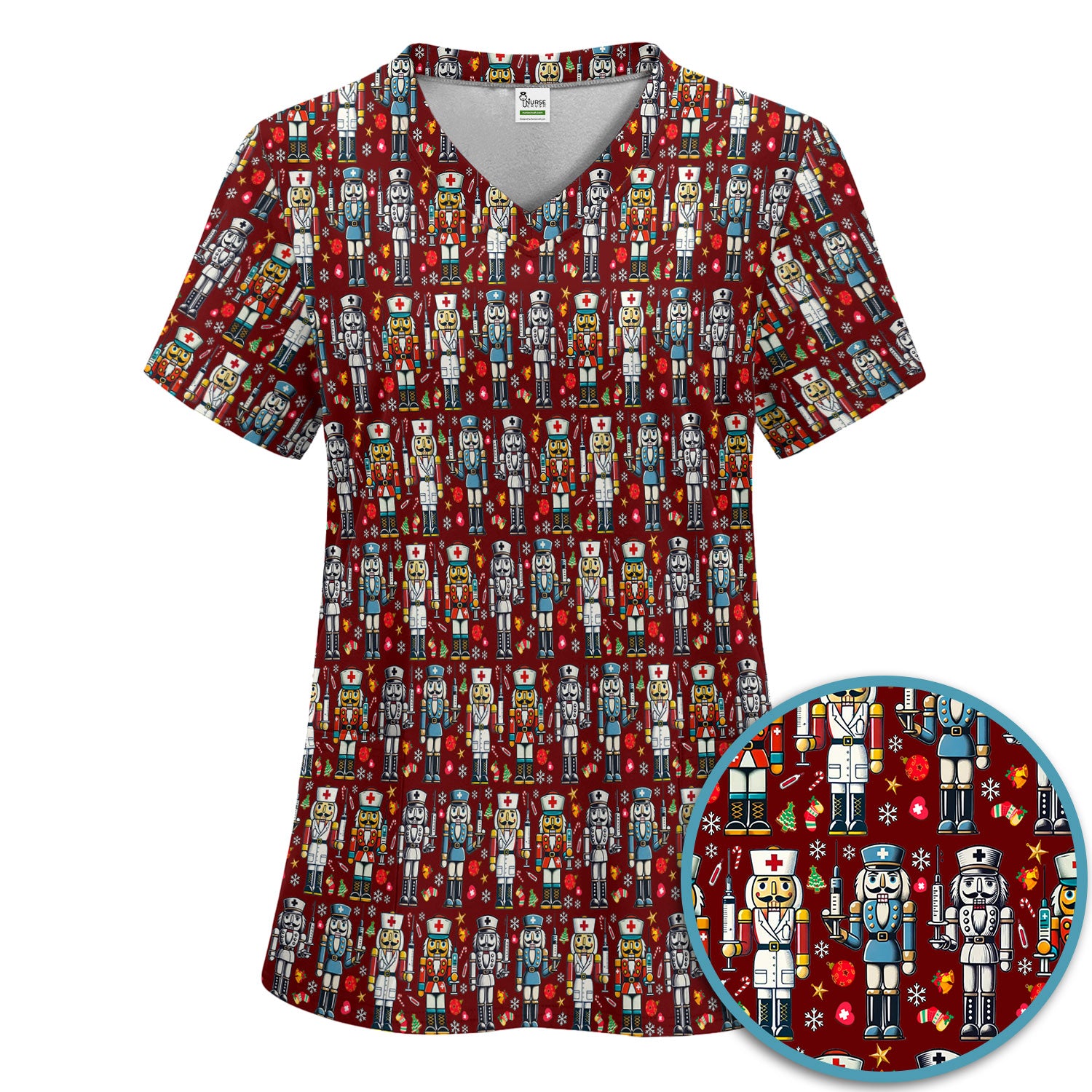 Funny Nutcracker Christmas Scrub Set – Cute Holiday Nurse Pattern Shirt – Festive Medical Uniform for RN, LPN, CNA, and Healthcare Workers
