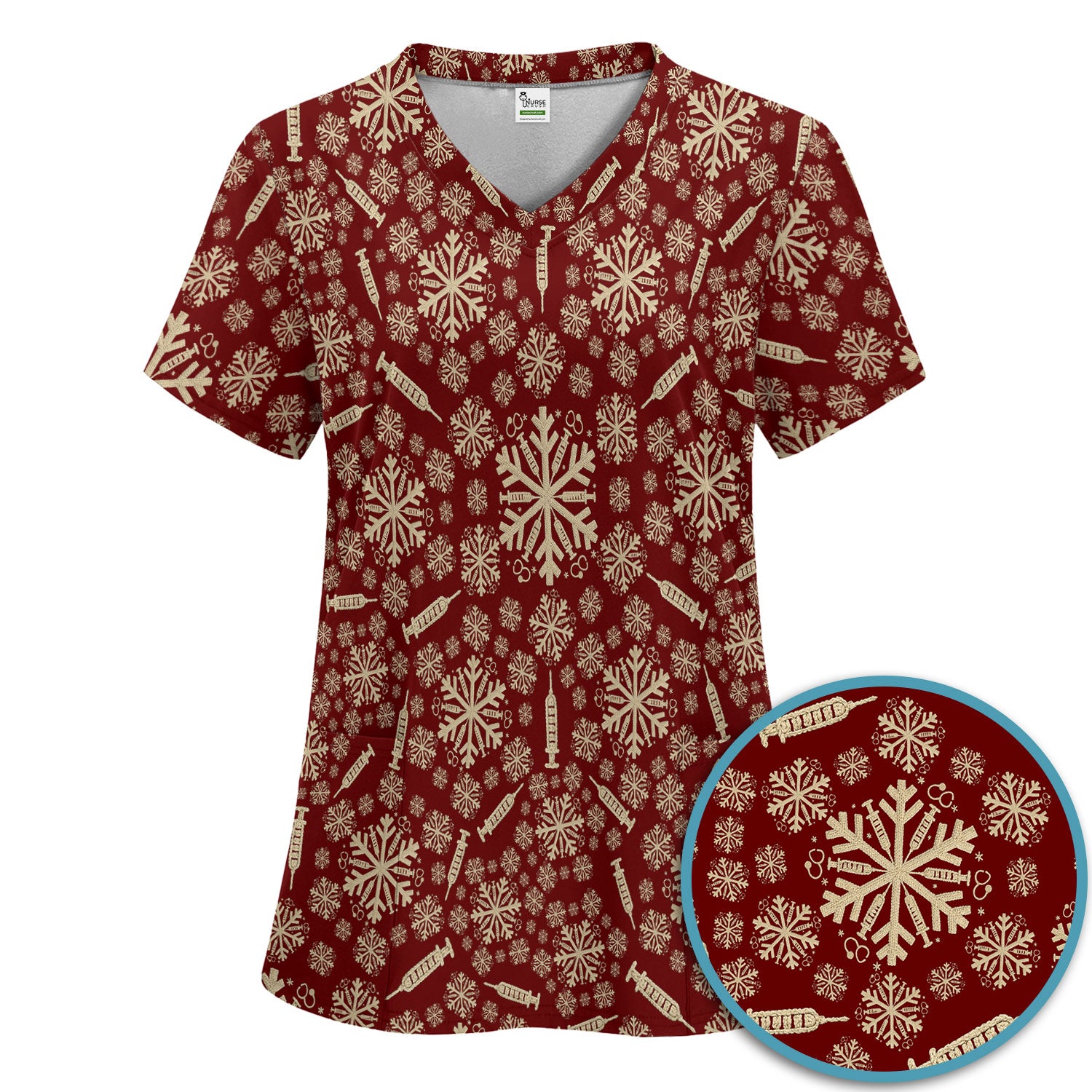 Snowflake Syringe Scrubs Pants and V Neck Top for Women - Winter Snow Medical Set - Funny Christmas Gift for Nurse