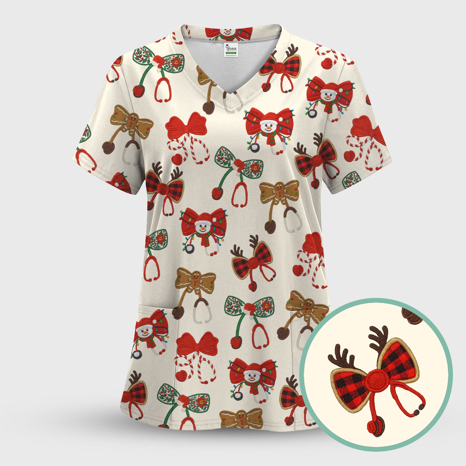 Christmas Stethoscope Bow Nurse Scrub Top, Xmas Pattern Scrub Shirt, Holiday Nursing Uniform