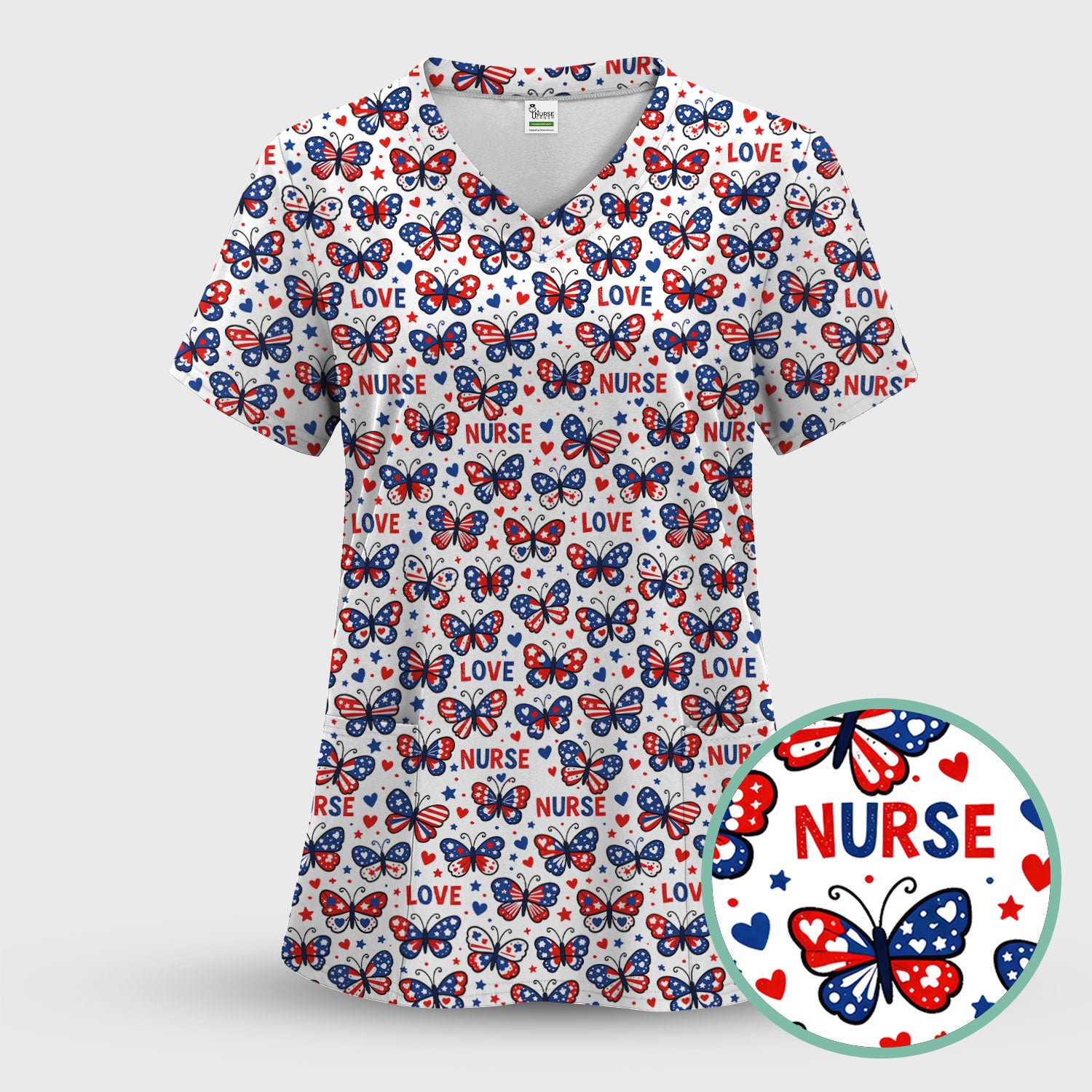 USA Patriotic Butterfly Nurse Scrub Set, Comfortable Uniform Scrubs For Nursing